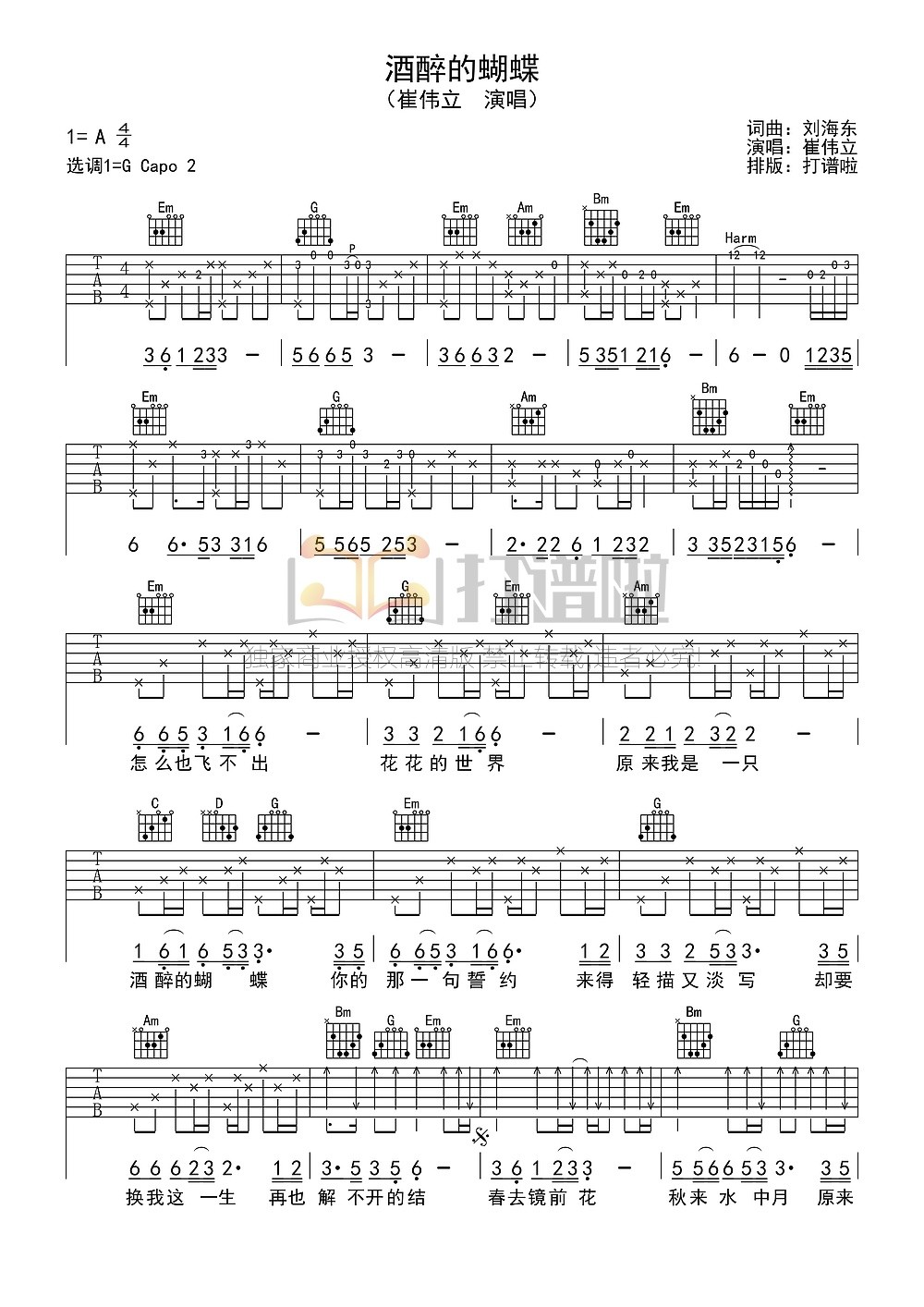 崔伟立《酒醉的蝴蝶》吉他谱_G调指法弹唱谱