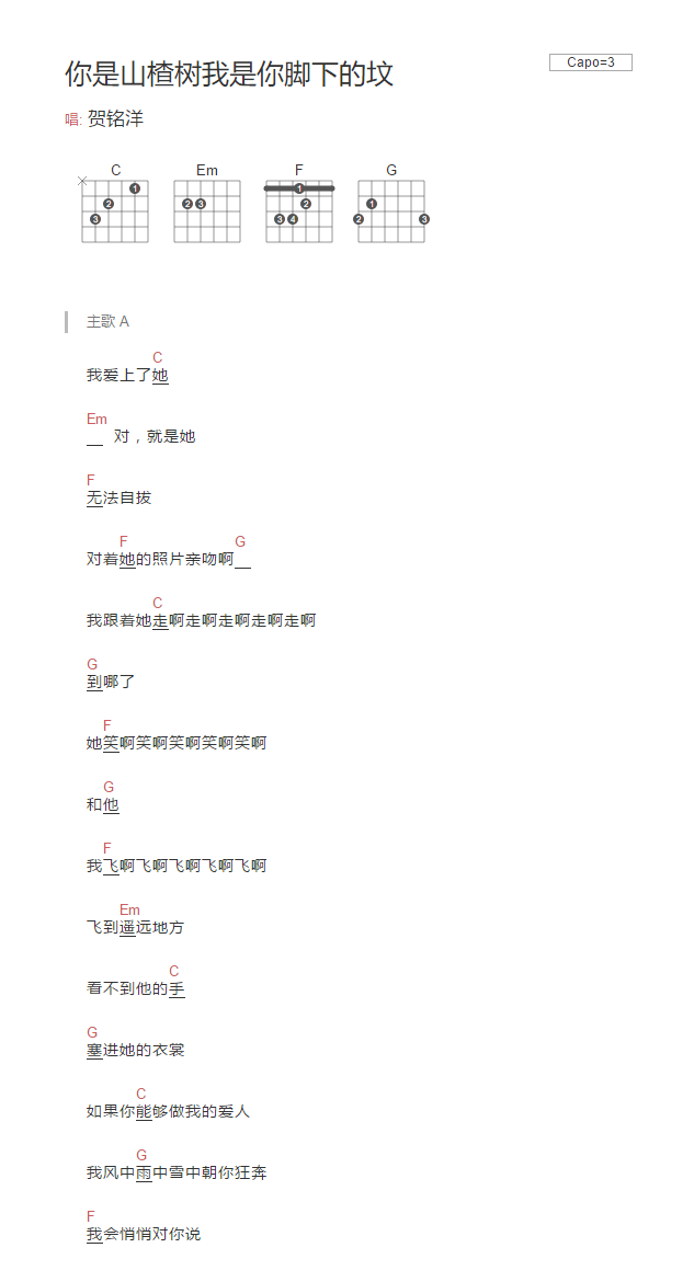 贺铭洋《你是山楂树我是你脚下的坟》吉他谱_C调简单版弹唱谱