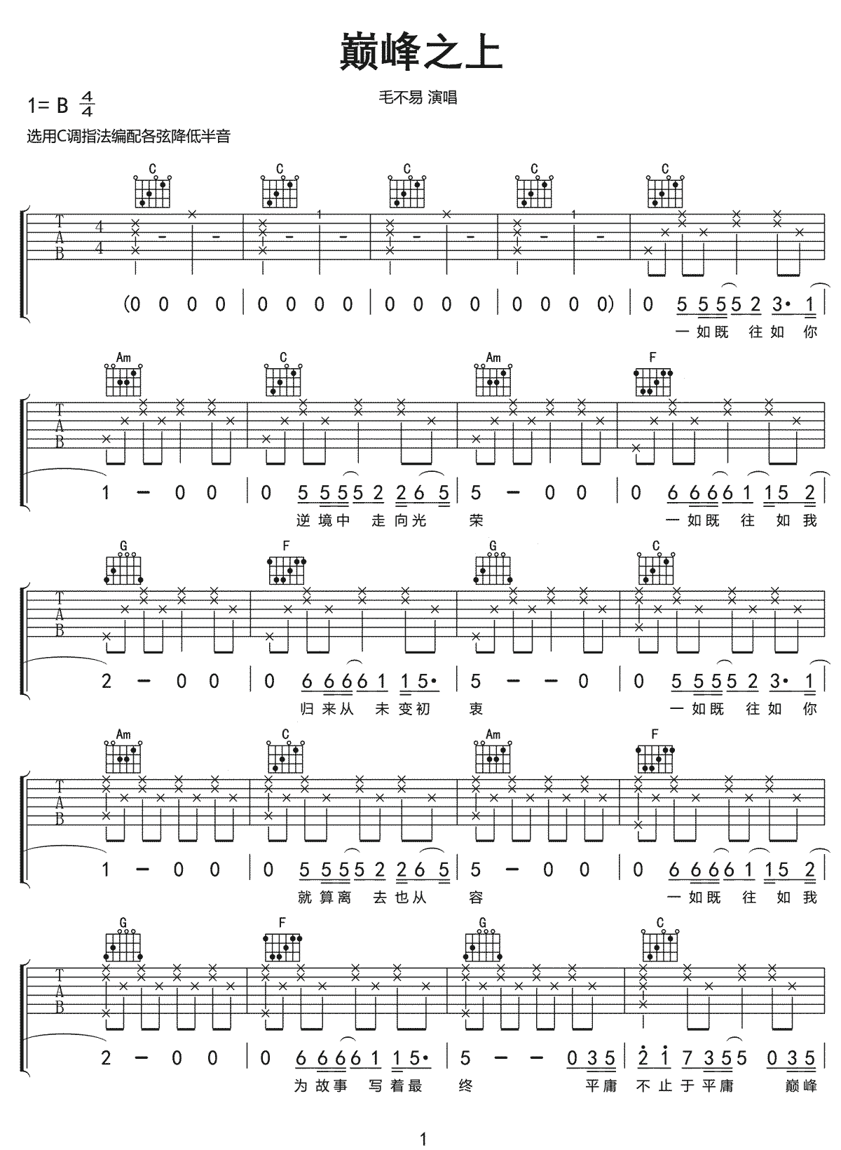 毛不易《巅峰之上》吉他谱_C调指法原版弹唱谱 毛不易《巅峰之上》吉他谱_C调指法原版弹唱谱