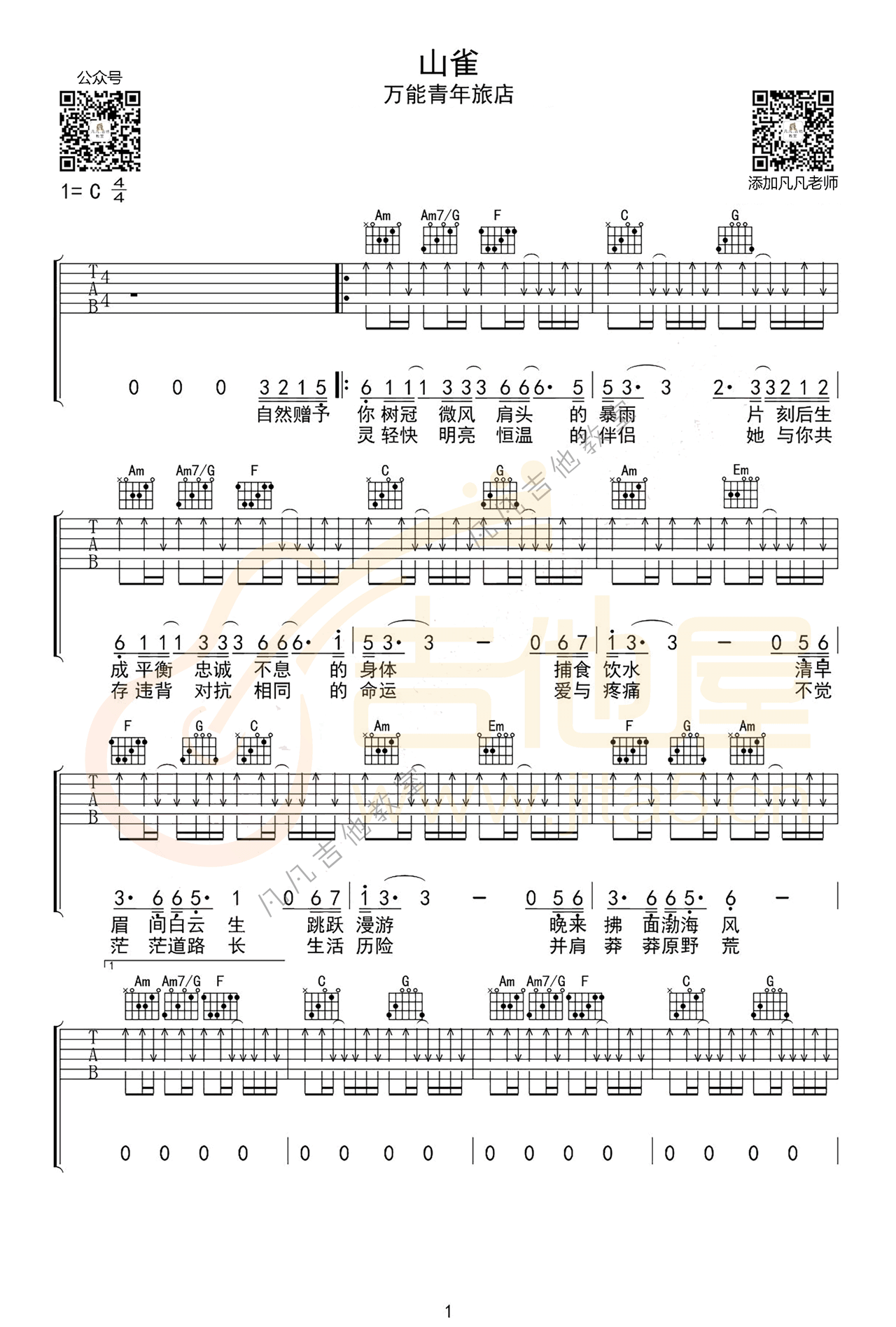 万能青年旅店《山雀》吉他谱_C调原版弹唱谱 万能青年旅店《山雀》吉他谱_C调原版弹唱谱