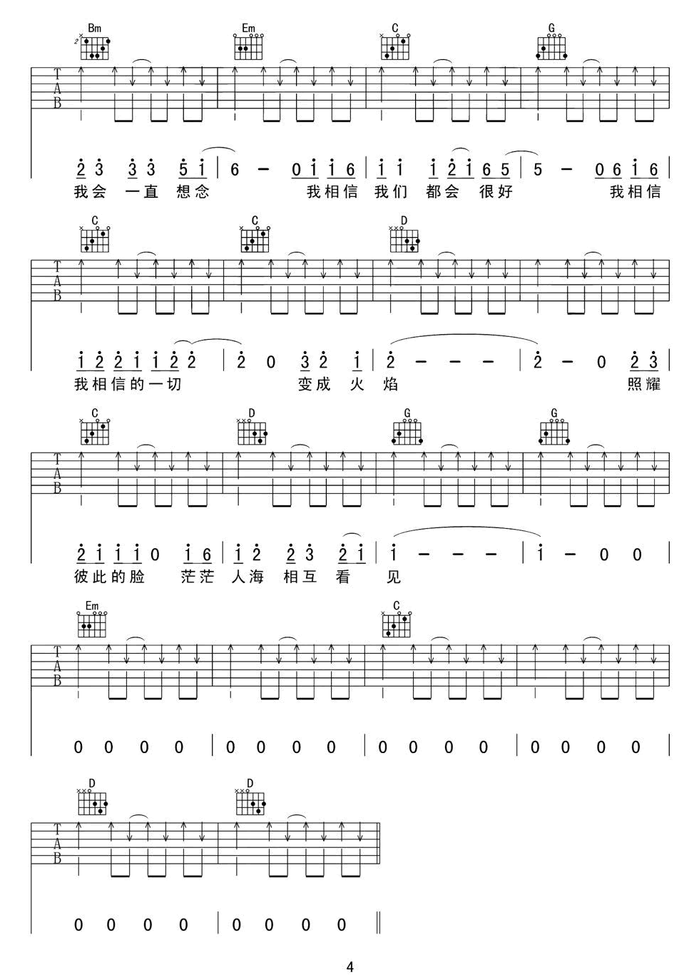 好妹妹乐队《不说再见》吉他谱_G调指法扫弦版