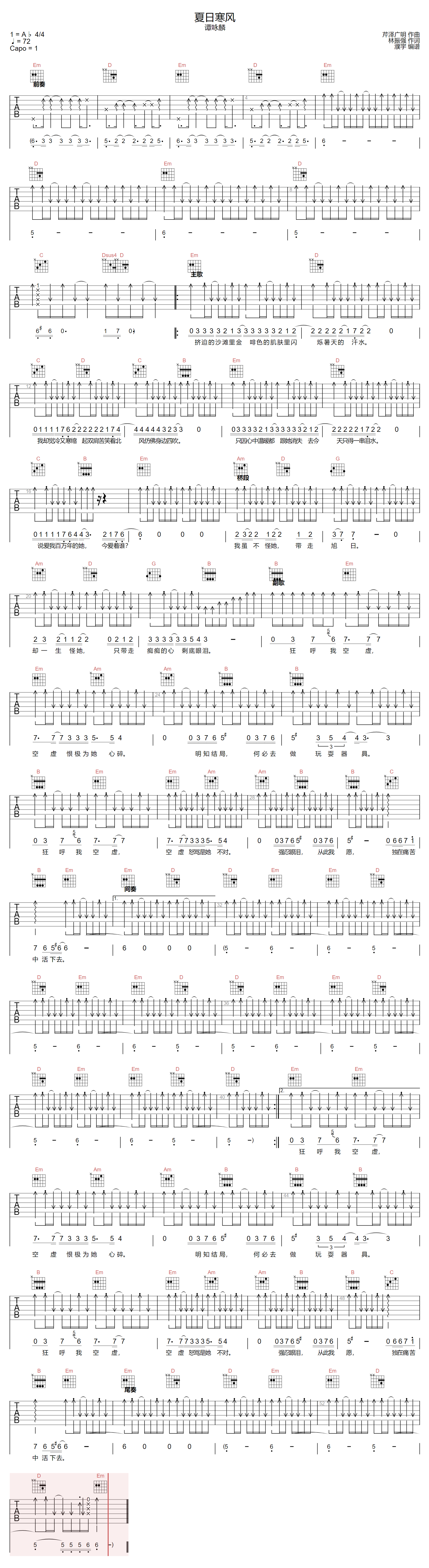 谭咏麟《夏日寒风》吉他谱_G调指法原版弹唱谱