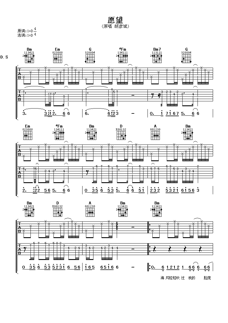 胡彦斌《愿望》吉他谱_D调指法原版弹唱谱
