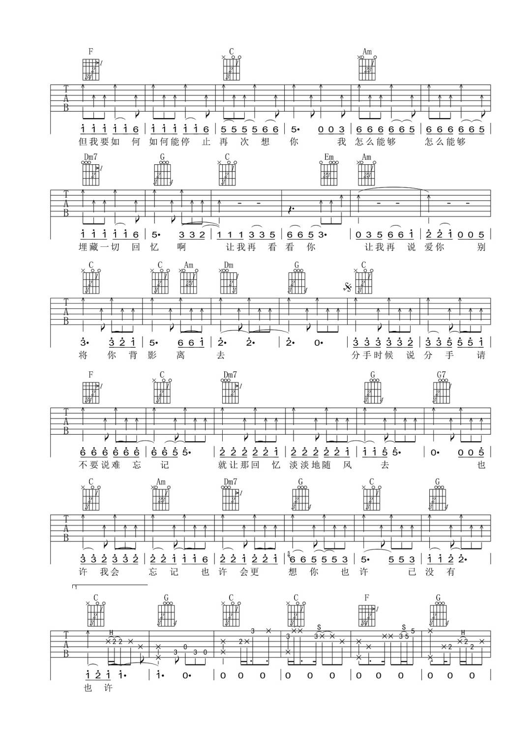 李茂山/李淑荣《无言的结局》吉他谱_C调指法