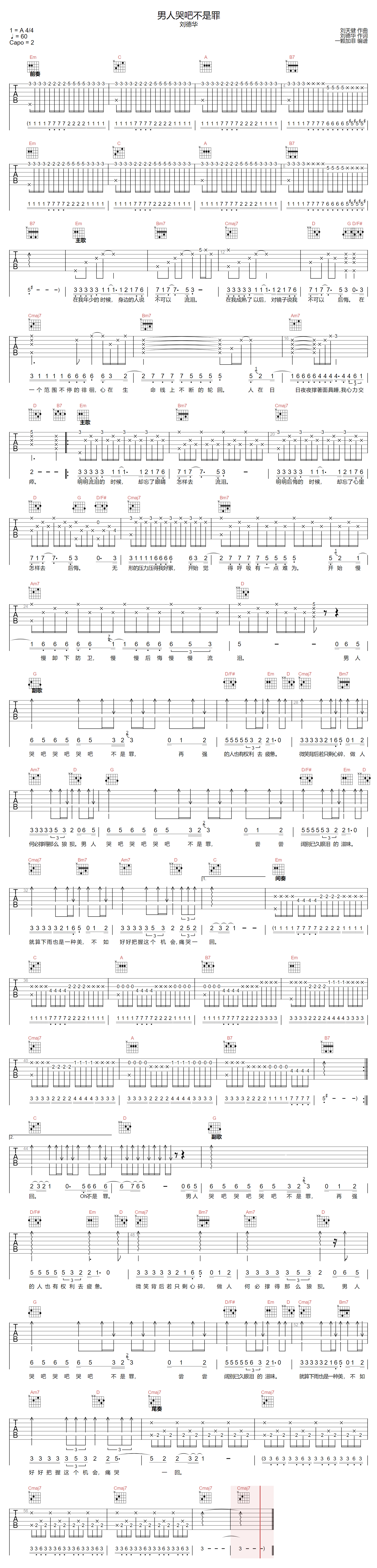 刘德华《男人哭吧不是罪》吉他谱_G调原版弹唱谱 刘德华《男人哭吧不是罪》吉他谱_G调原版弹唱谱