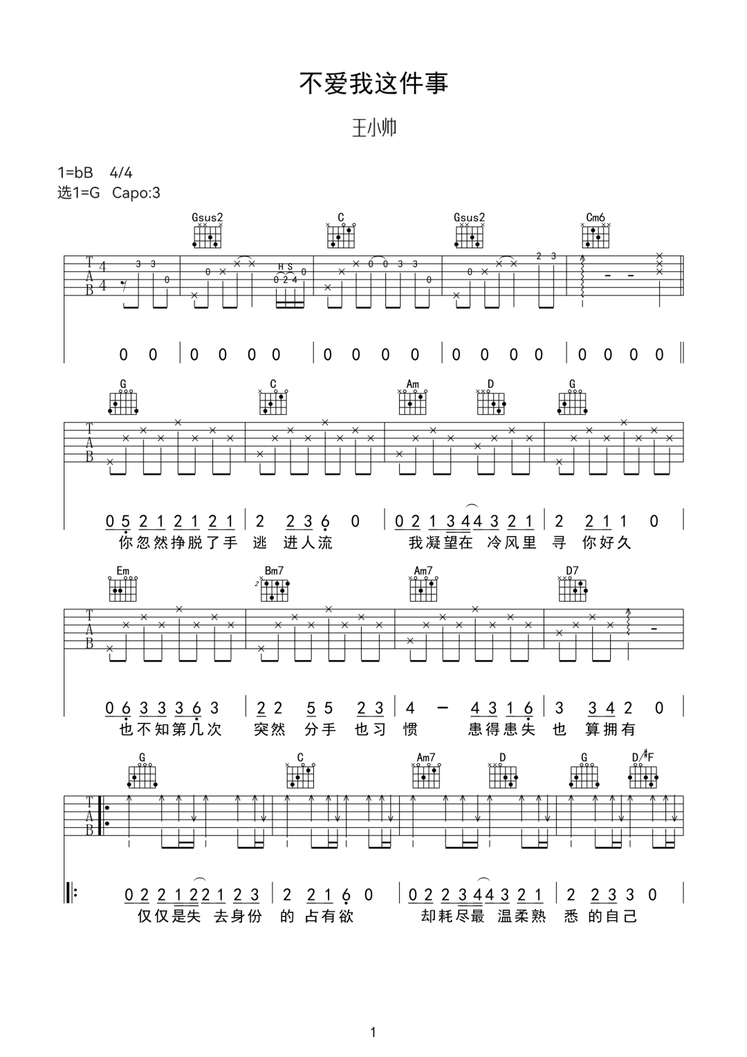 王小帅《不爱我这件事》吉他谱_G调原版弹唱谱