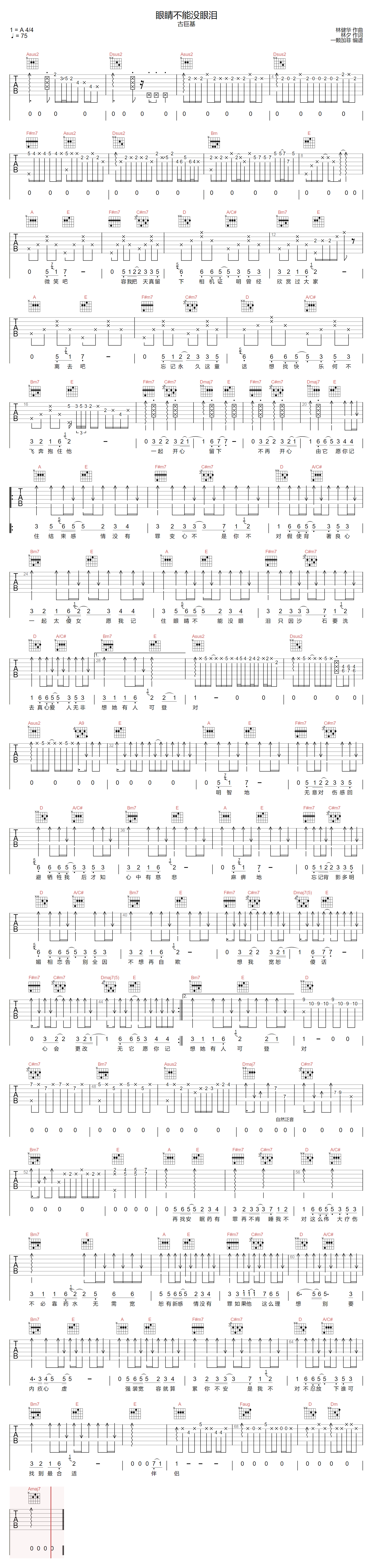 古巨基《眼睛不能没眼泪》吉他谱_A调原版_吉他弹唱吉他谱