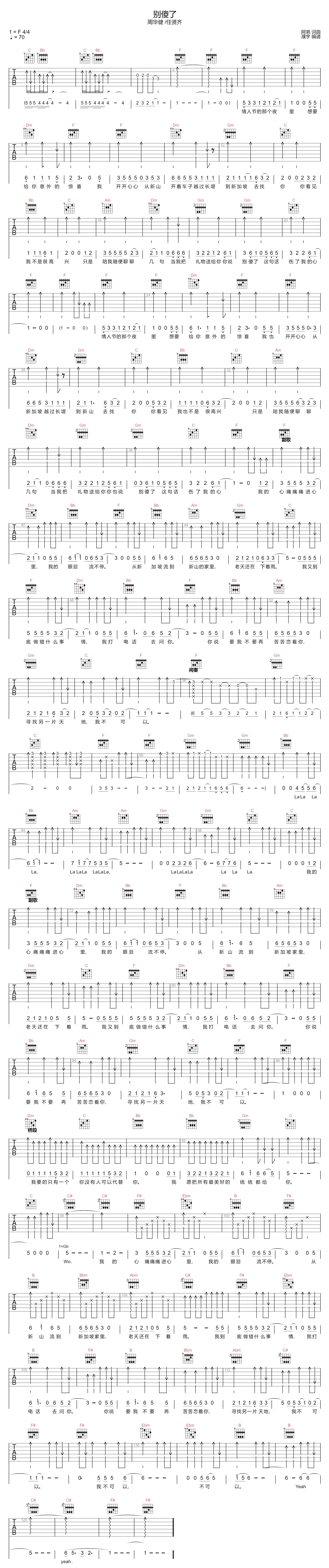 周华健/任贤齐《别傻了》吉他谱_F调原版弹唱谱