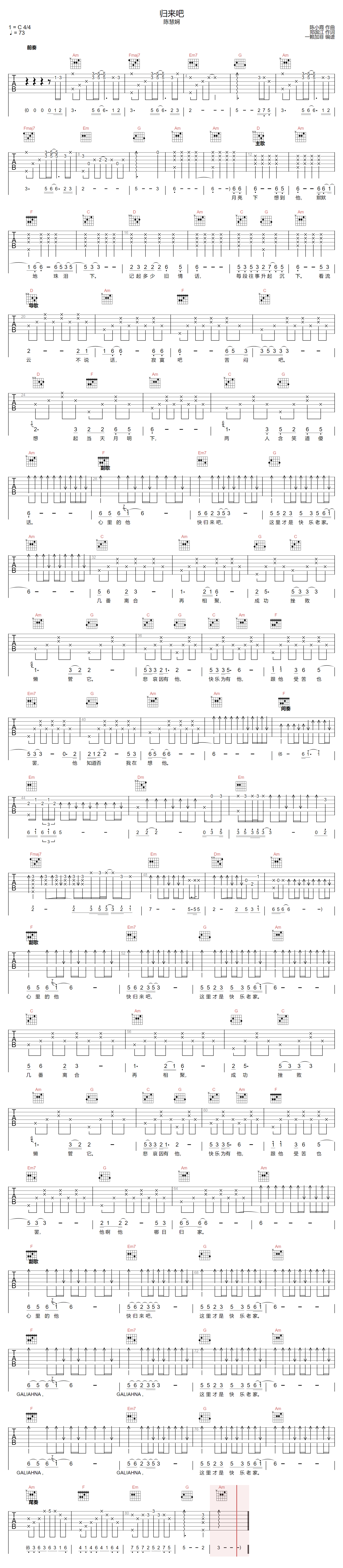 陈慧娴《归来吧》吉他谱_C调指法原版弹唱谱
