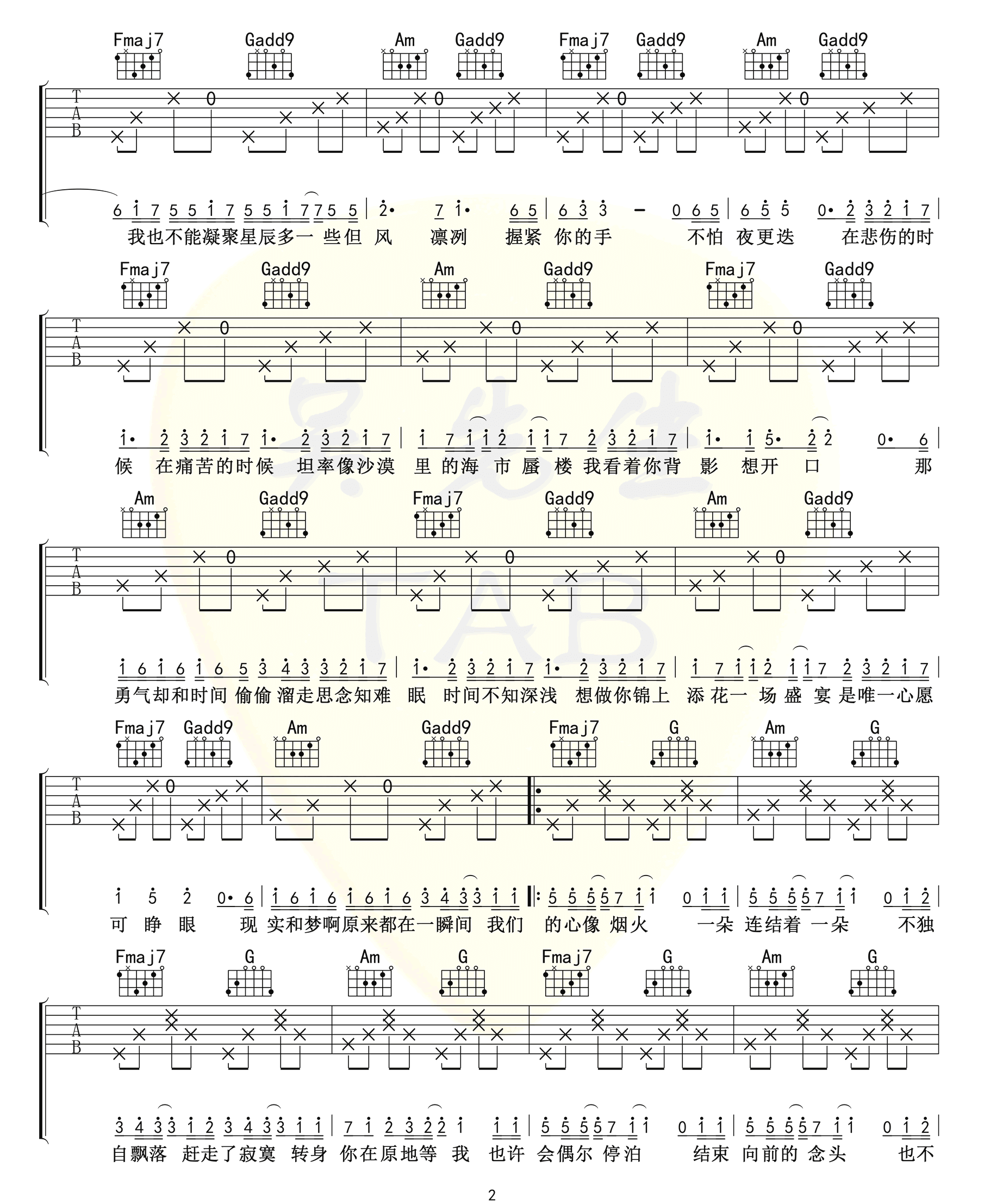 陈壹千《心似烟火》吉他谱_C调指法原版弹唱谱