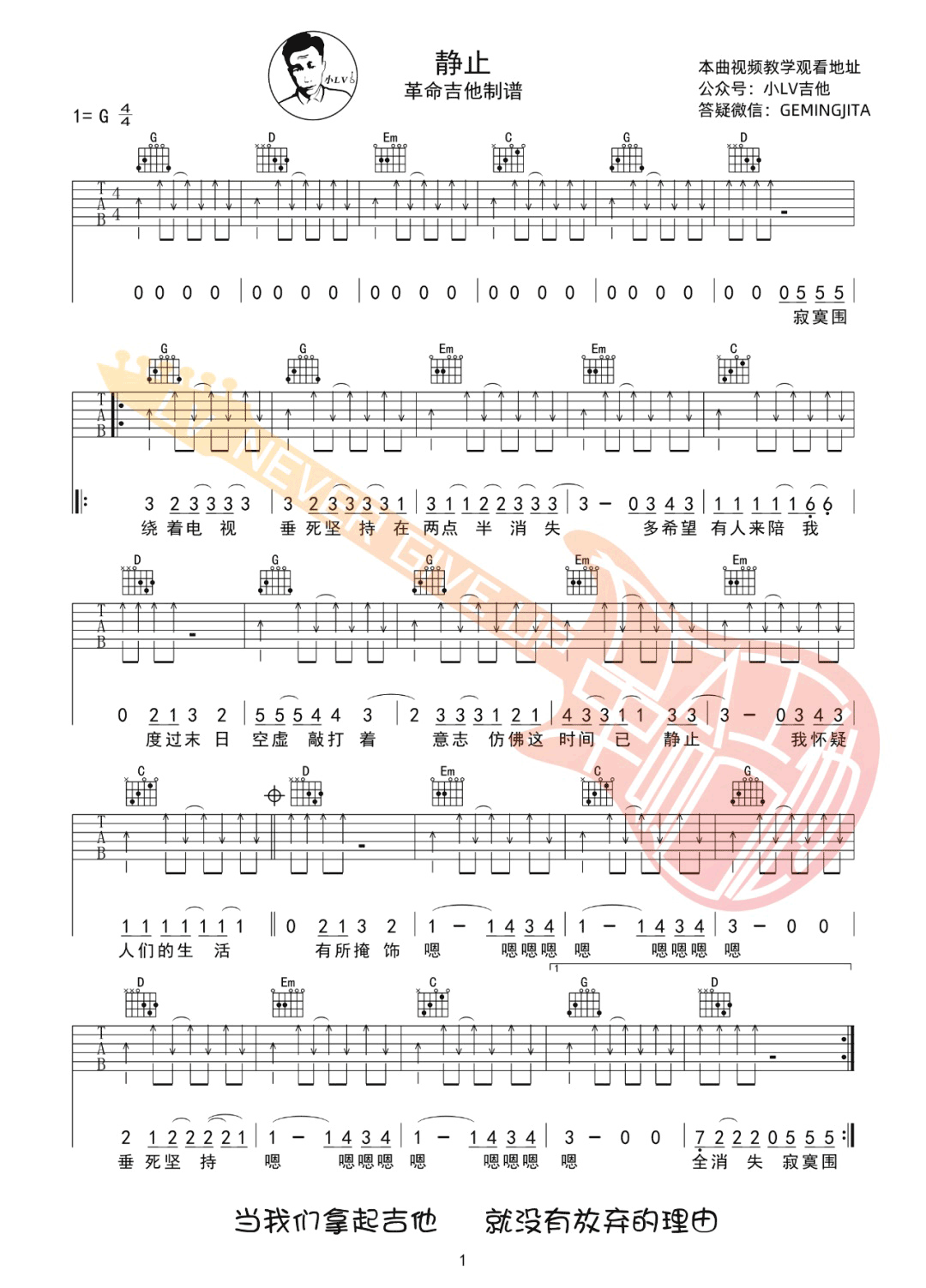 花儿乐队《静止》吉他谱_静止G调扫弦版