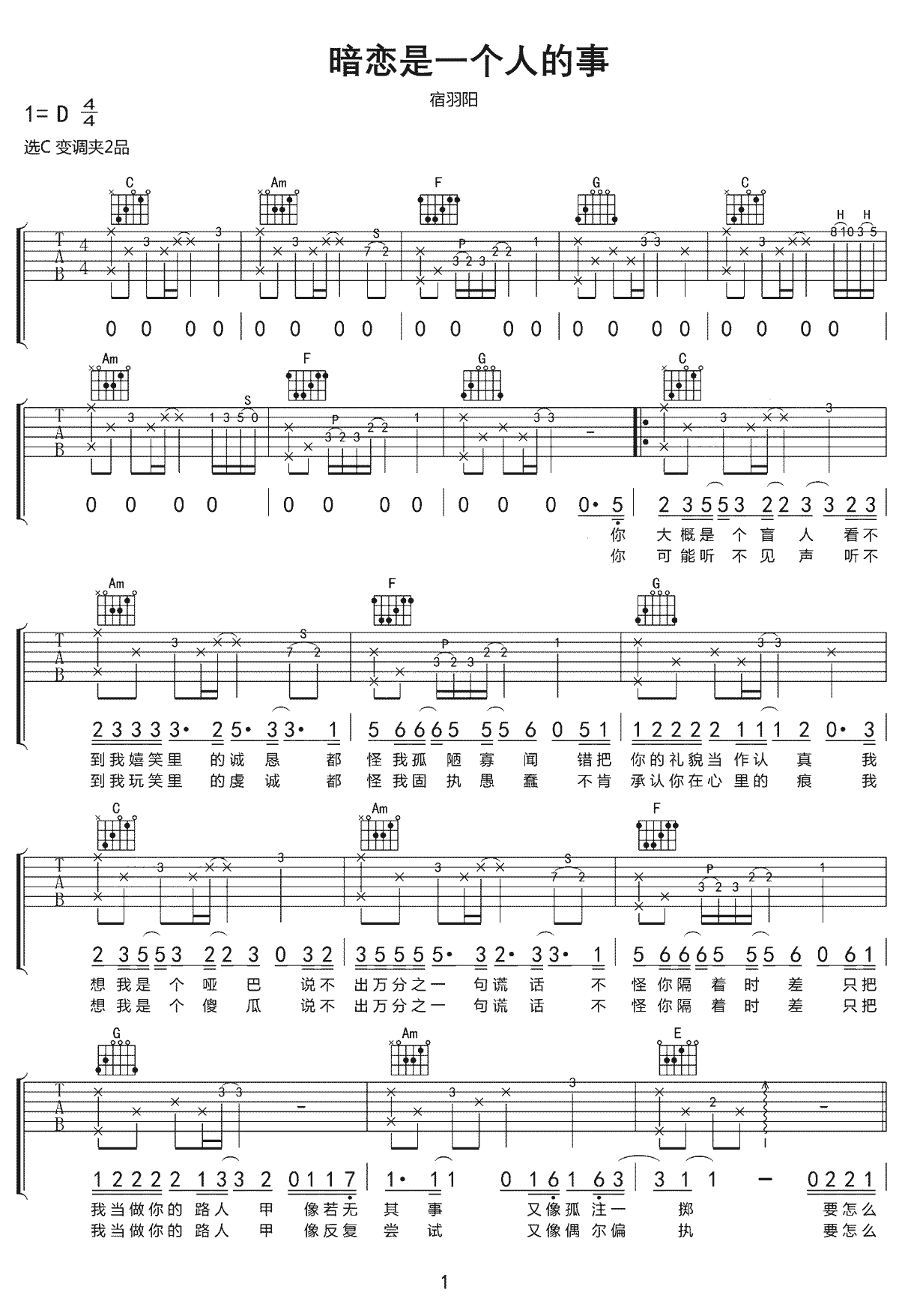 宿羽阳《暗恋是一个人的事》吉他谱_C调原版