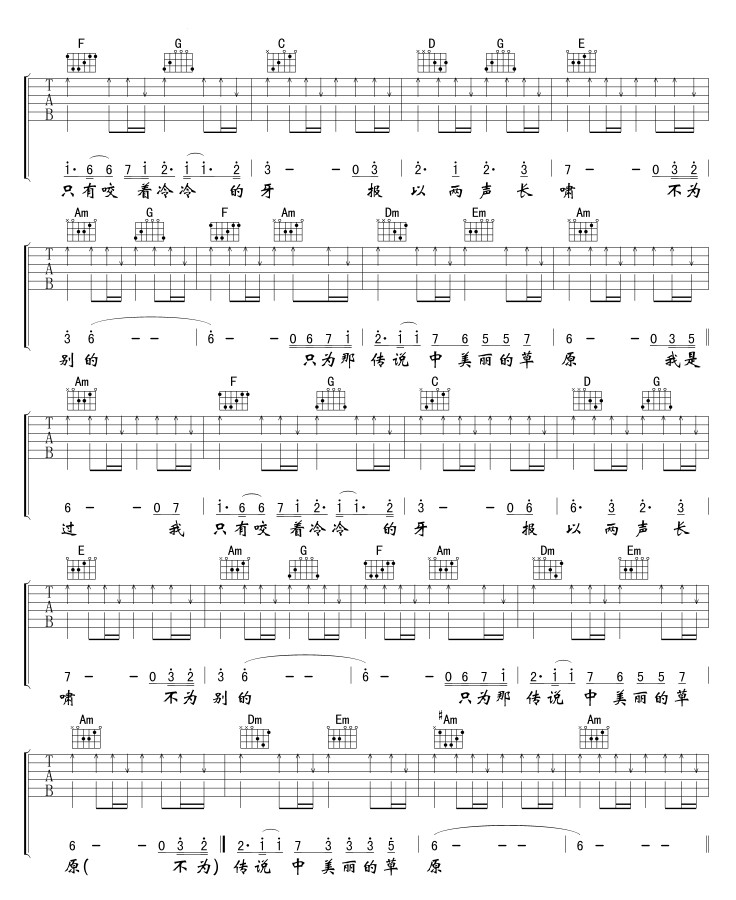齐秦《北方的狼》吉他谱_C调指法扫弦版弹唱谱
