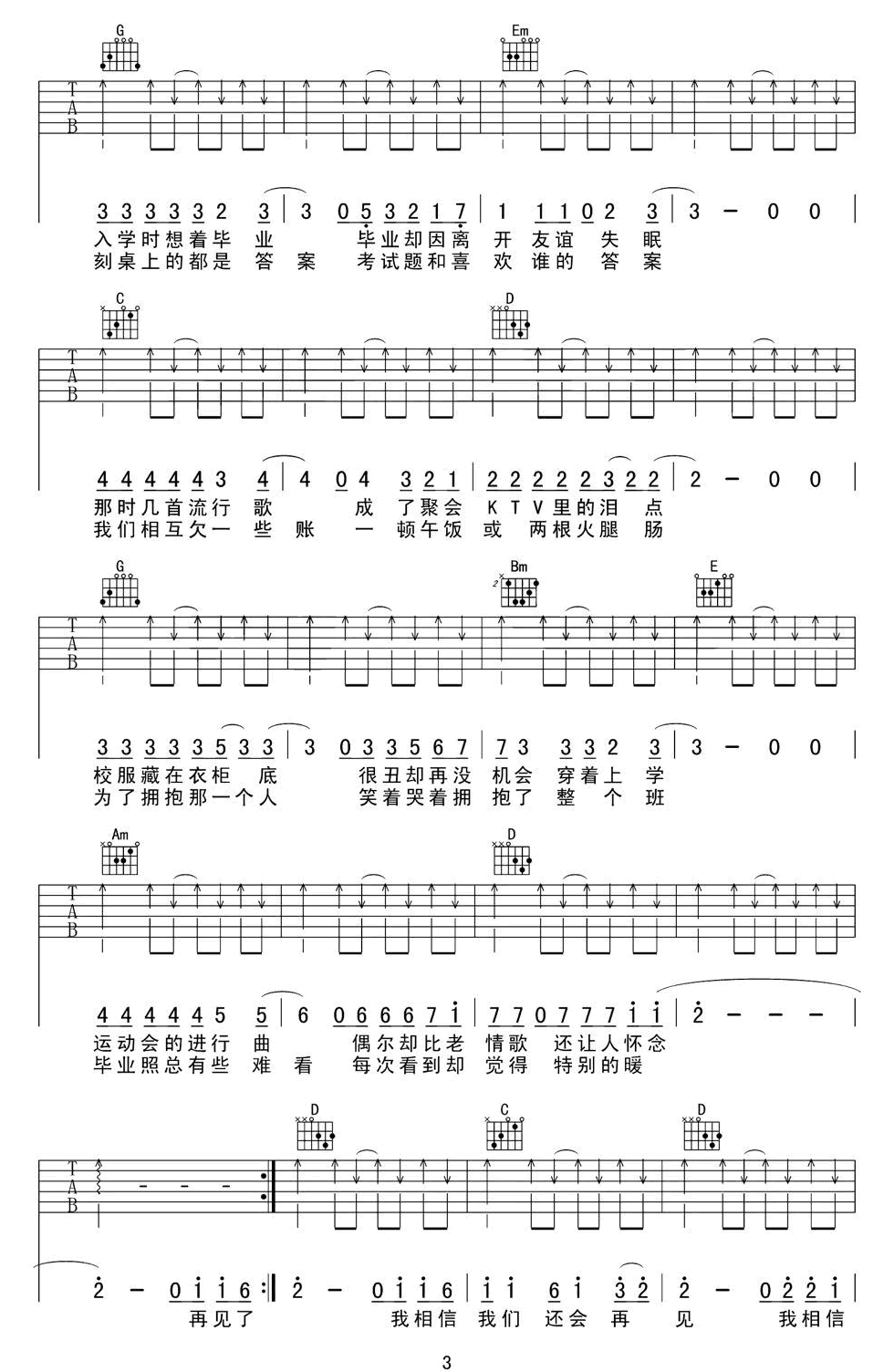 好妹妹乐队《不说再见》吉他谱_G调指法扫弦版