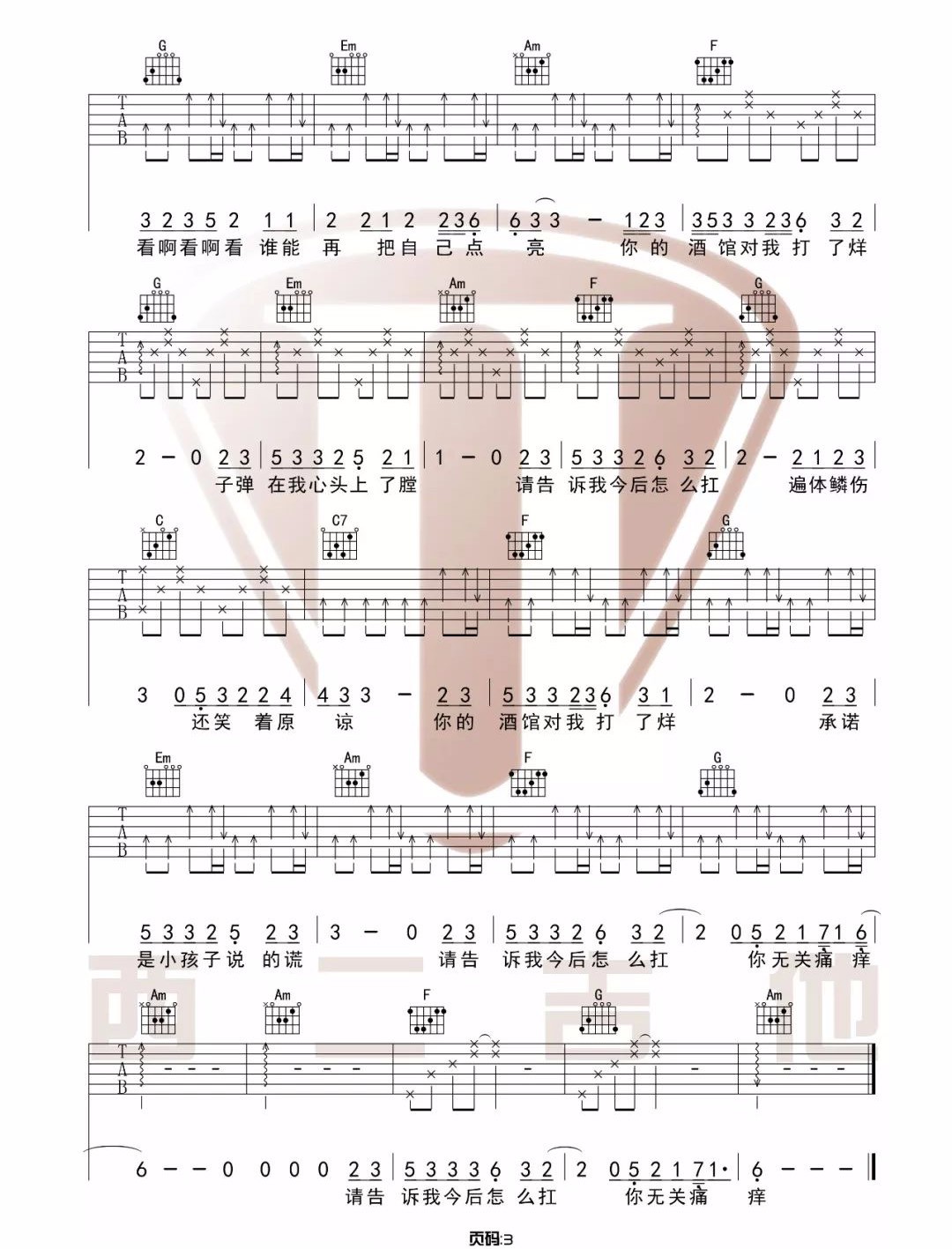 陈雪凝《你的酒馆对我打了烊》吉他谱_C调原版 陈雪凝《你的酒馆对我打了烊》吉他谱_C调原版