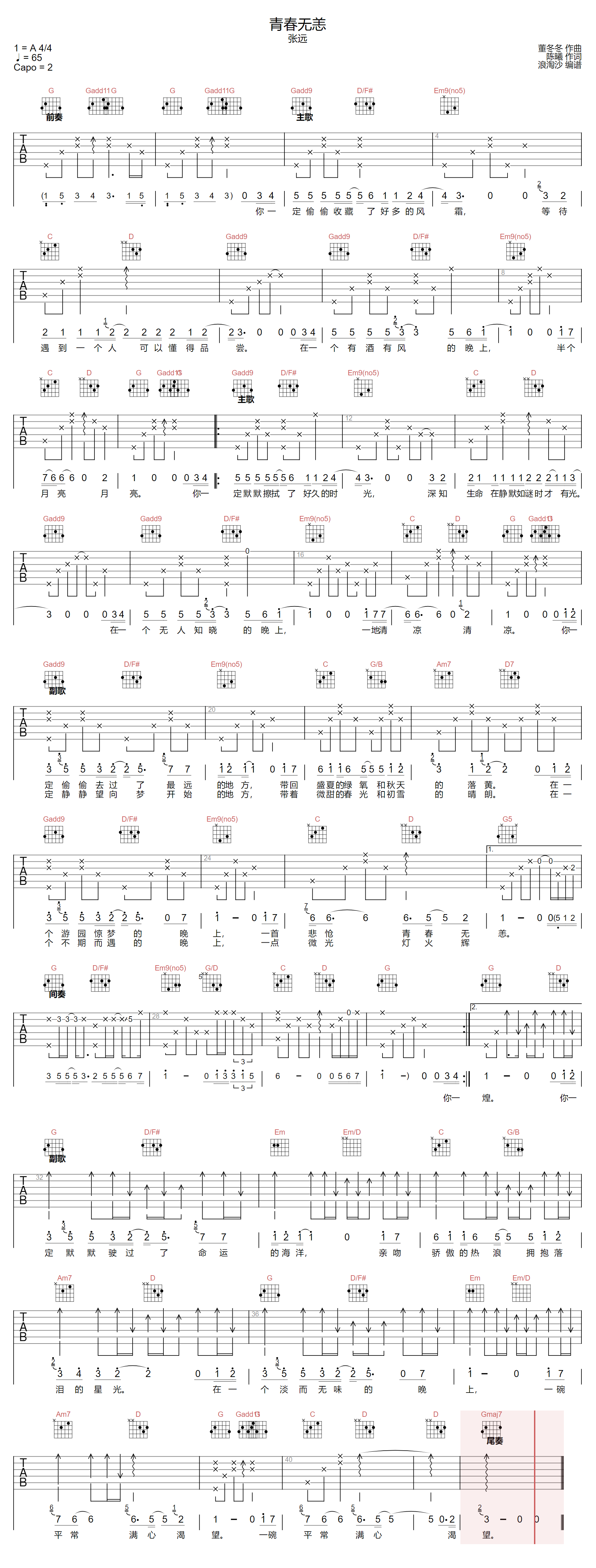张远《青春无恙》吉他谱_G调指法原版弹唱谱