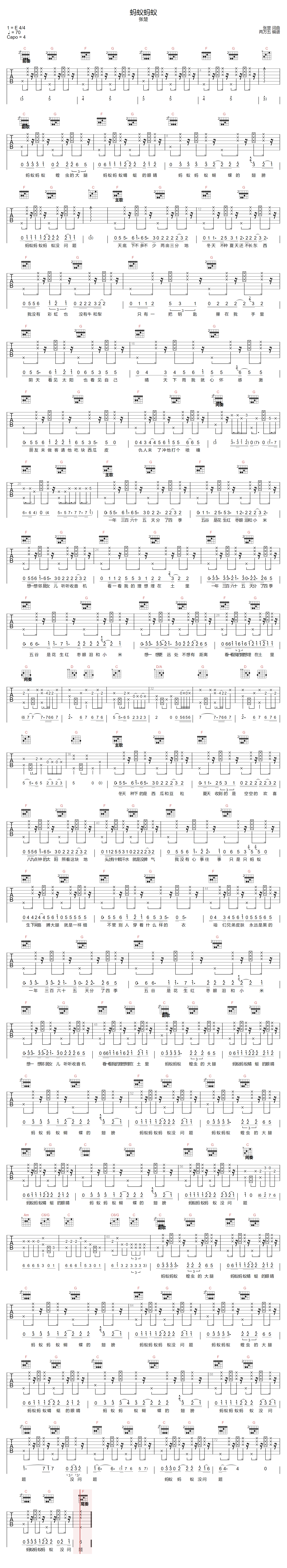 张楚《蚂蚁蚂蚁》吉他谱_C调指法原版弹唱谱