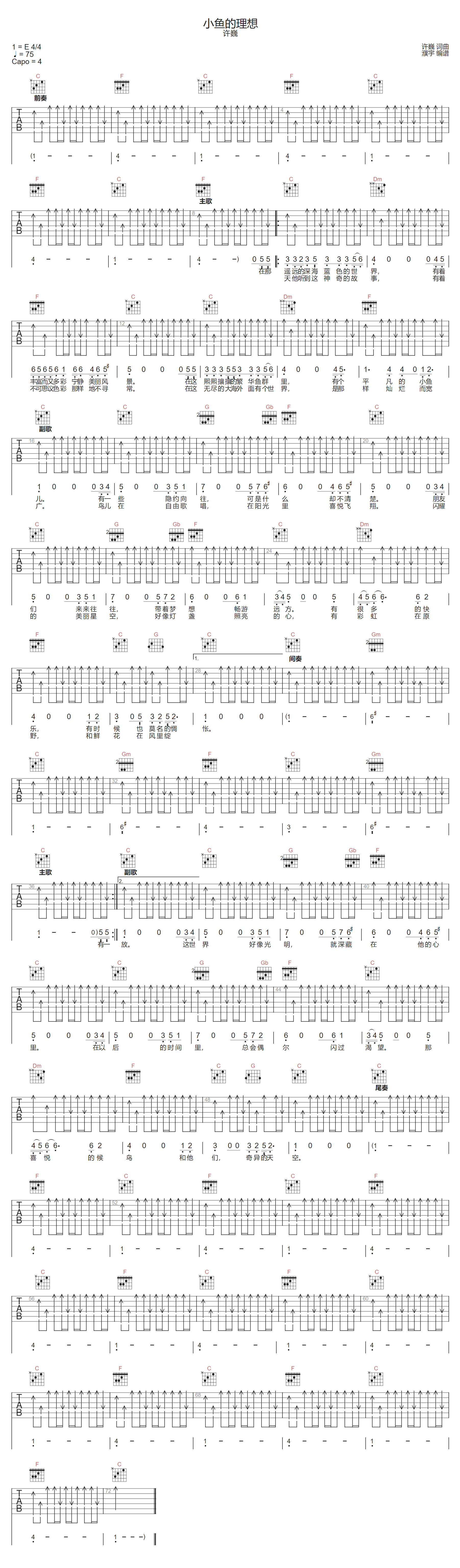 许巍《小鱼的理想》吉他谱_C调指法扫弦版