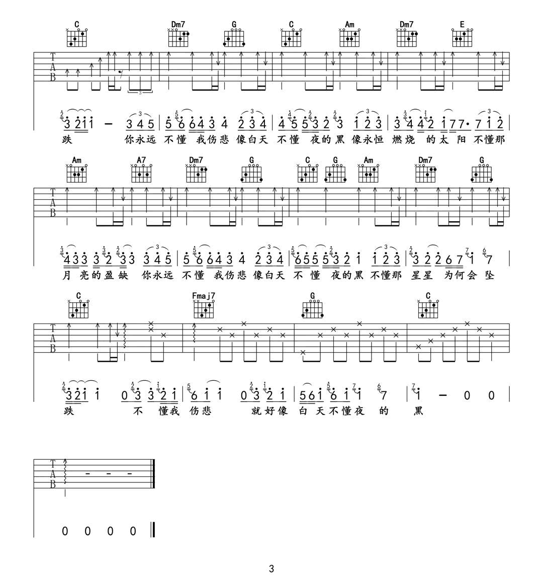 那英《白天不懂夜的黑》吉他谱_C调简单版