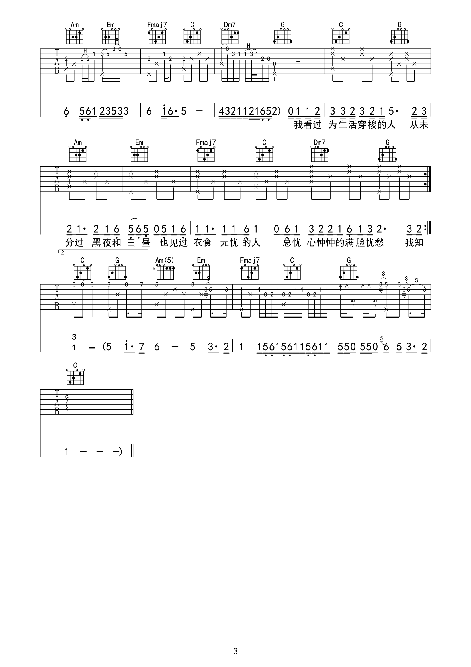 曾抖抖《平凡日子里的挣扎》吉他谱_C调指法