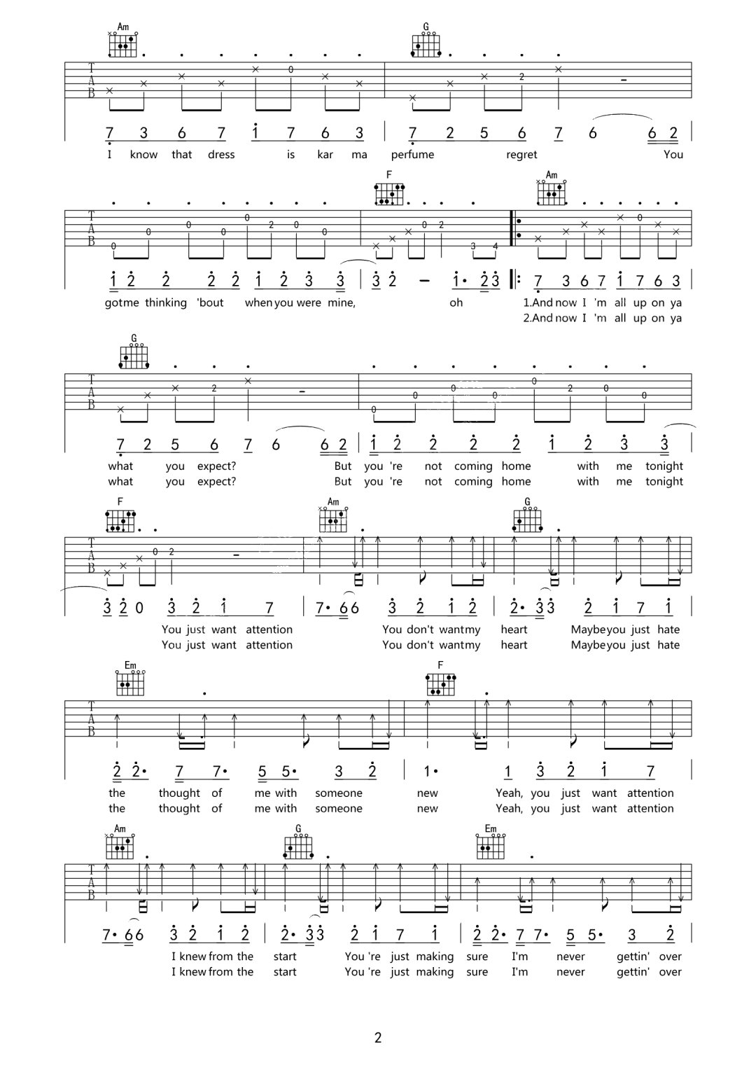 Charlie Puth《Attention》吉他谱_C调指法弹唱谱