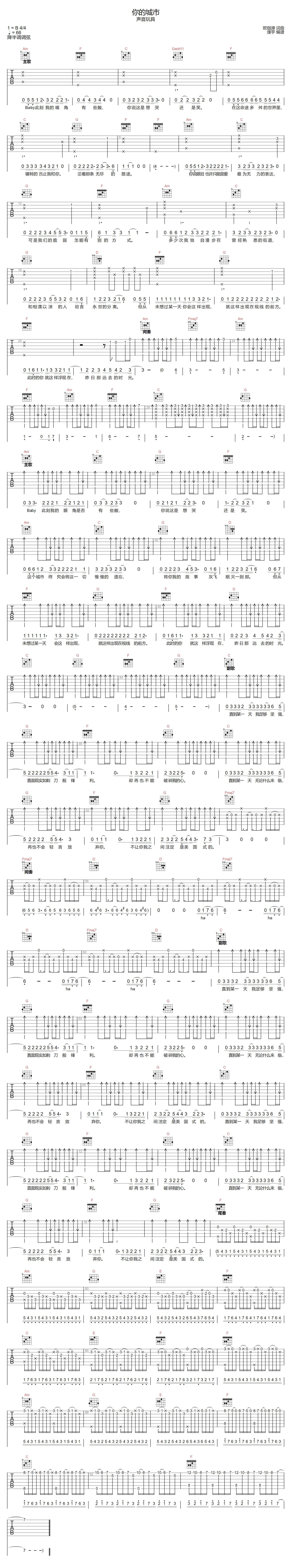 声音玩具《你的城市》吉他谱_C调指法简单版