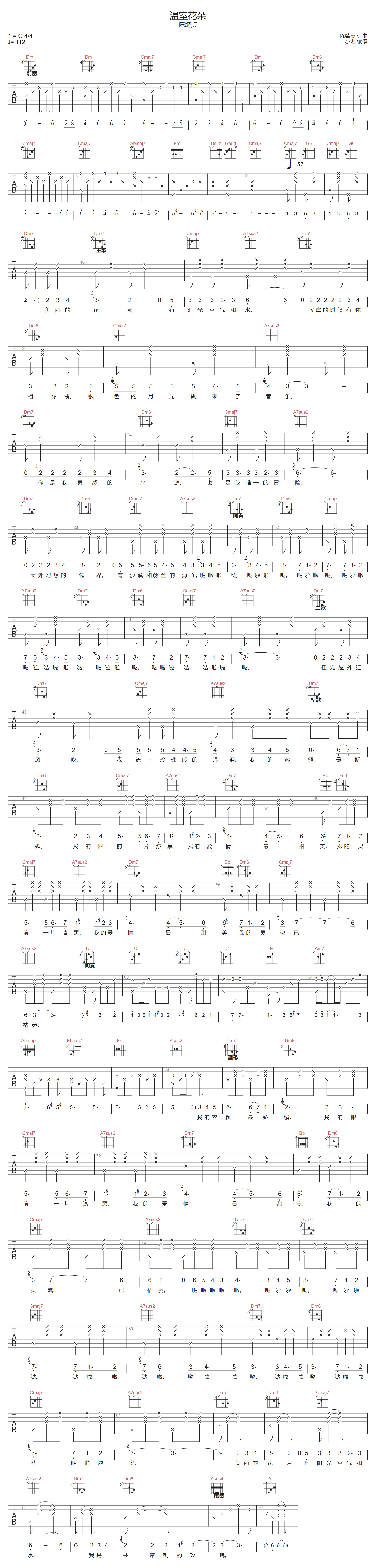 陈绮贞《温室花朵》吉他谱_C调指法原版弹唱谱