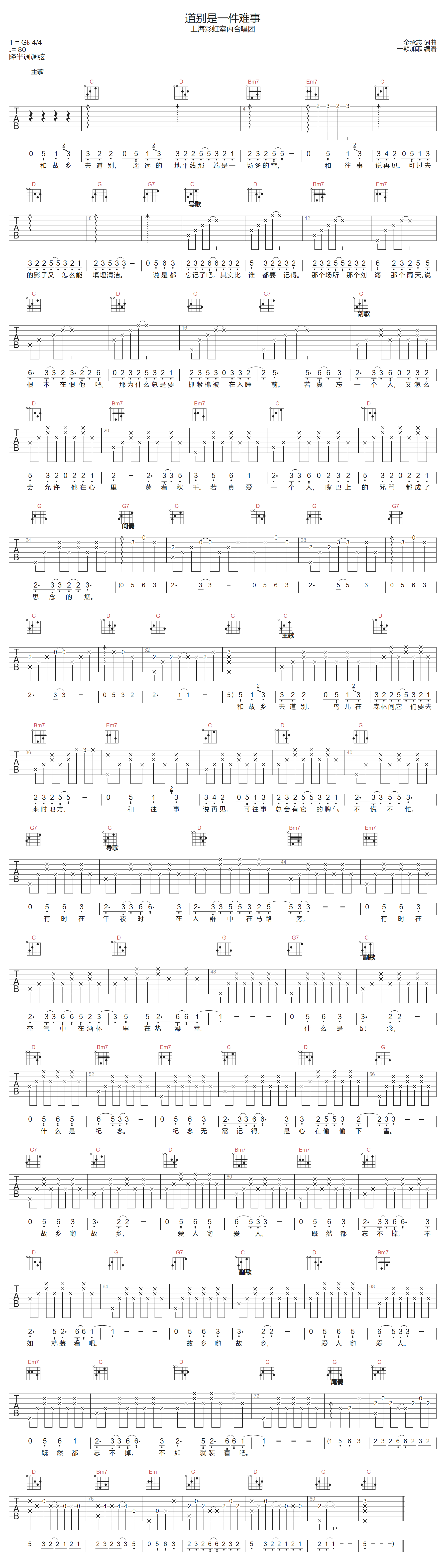上海彩虹室内合唱团《道别是一件难事》吉他谱_G调指法弹唱谱