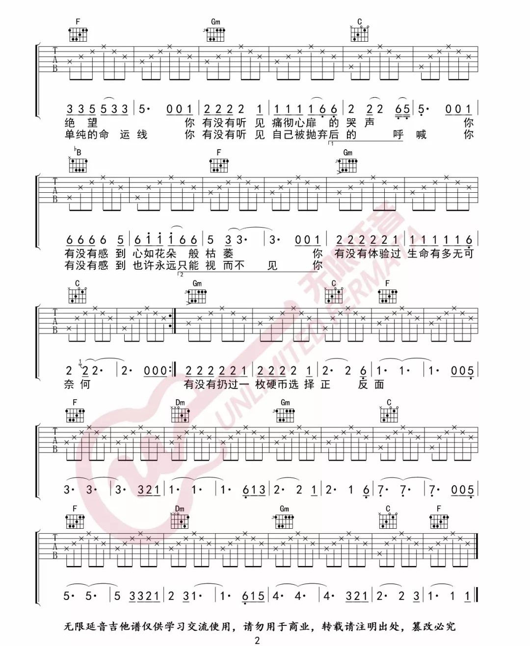 汪峰《硬币》吉他谱_F调指法原版弹唱谱-图2