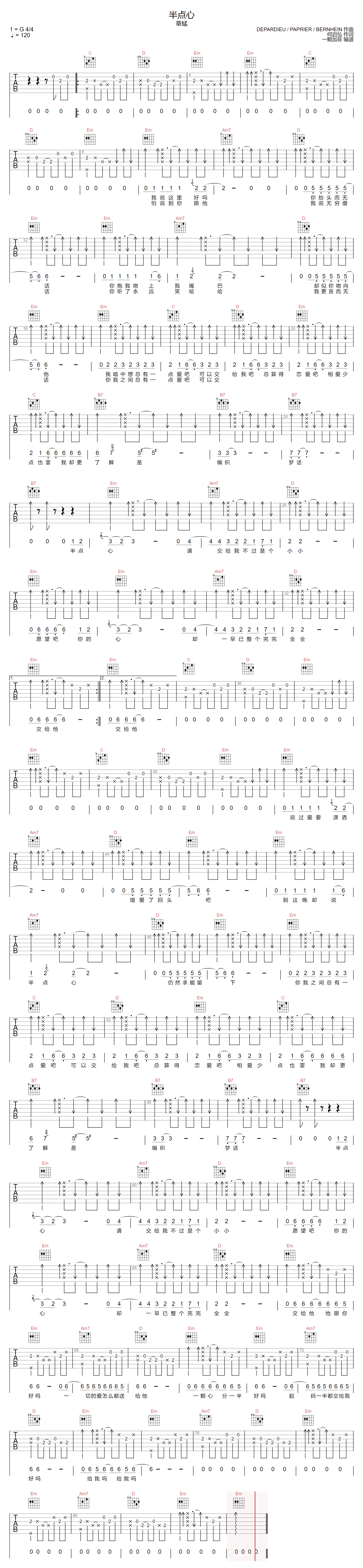 草蜢《半点心》吉他谱_G调指法原版弹唱谱-图1