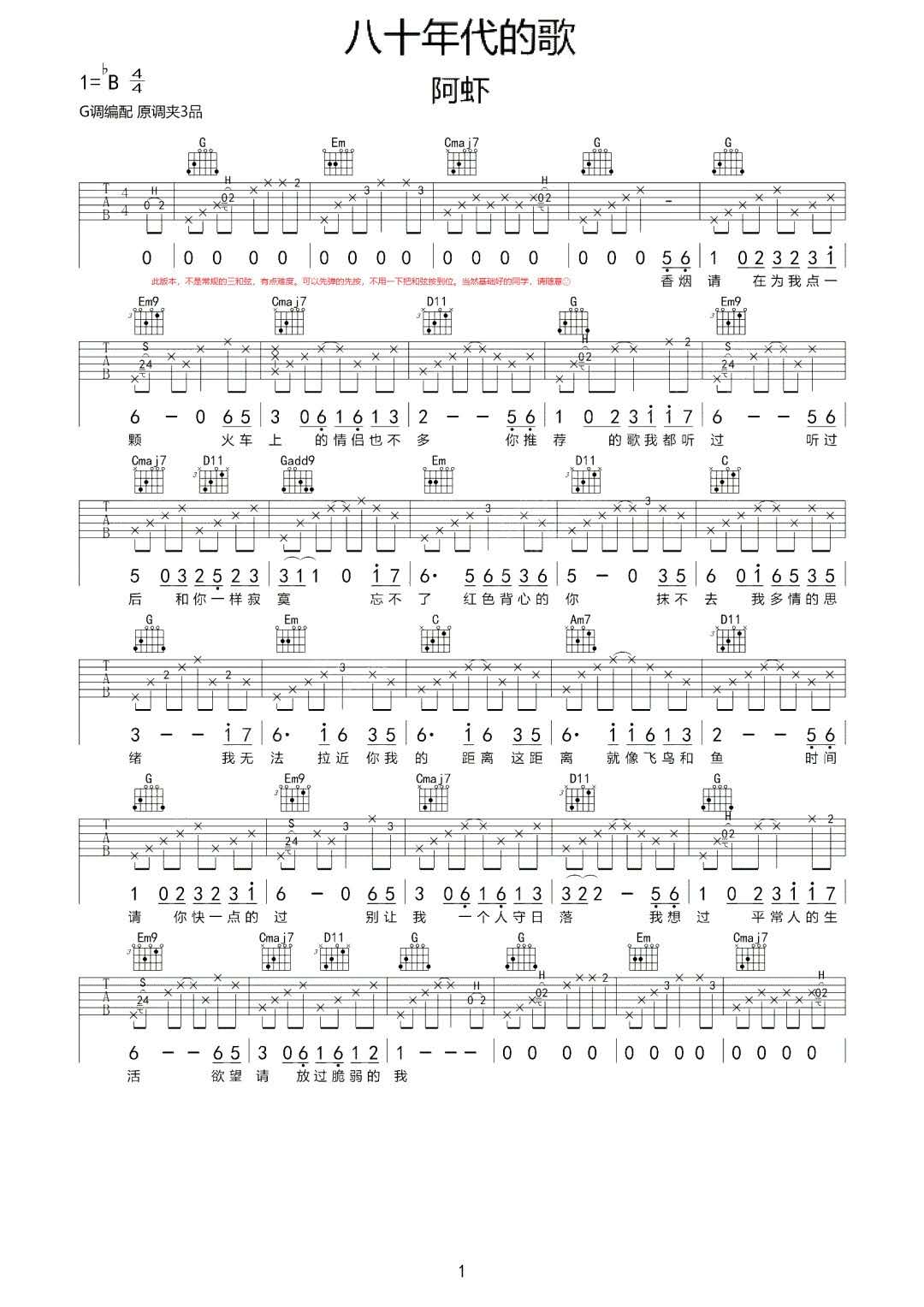 阿虾《八十年代的歌》吉他谱_G调指法原版弹唱谱-图1