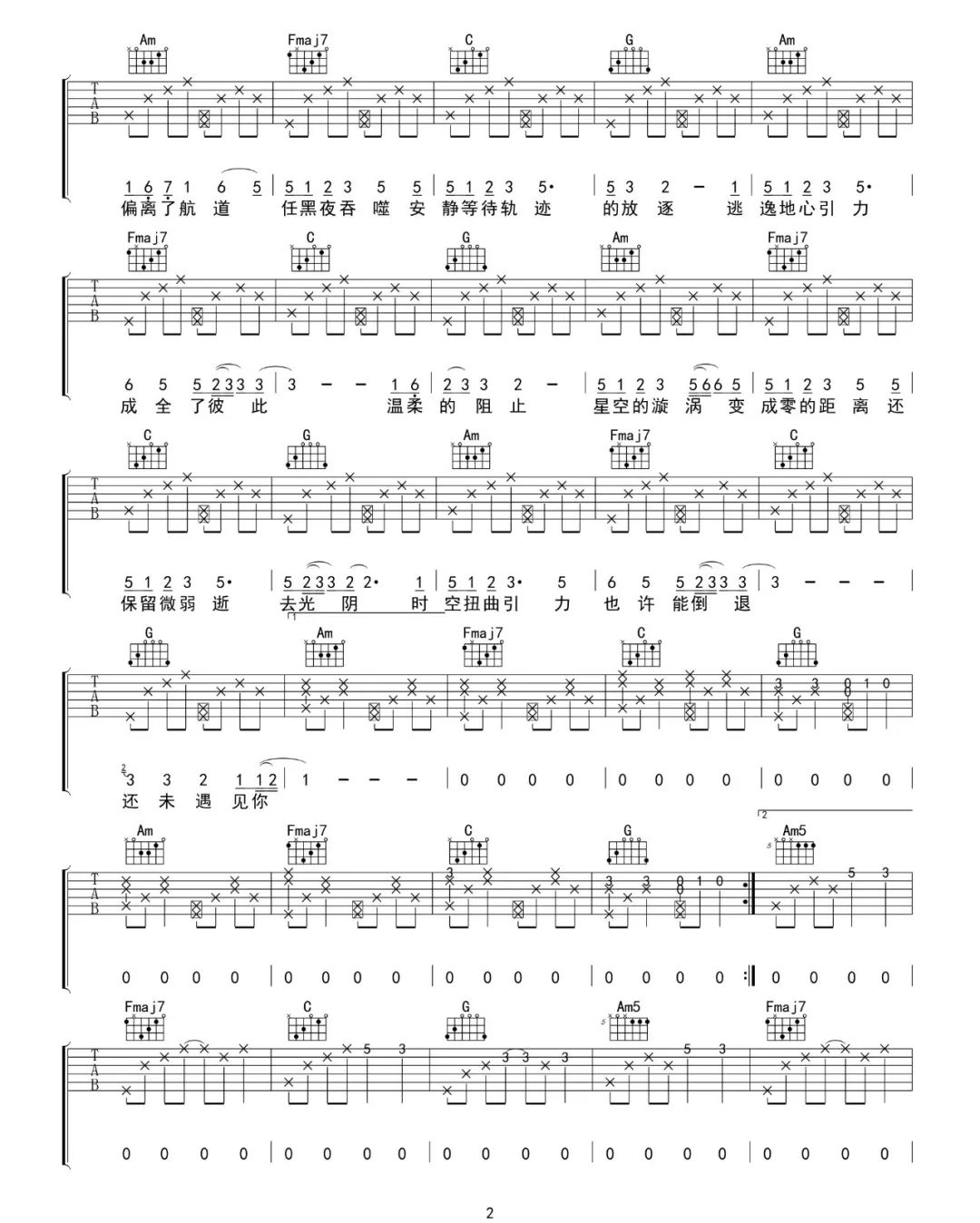 小星星Aurora《坠落星空》吉他谱_C调原版弹唱谱-图2