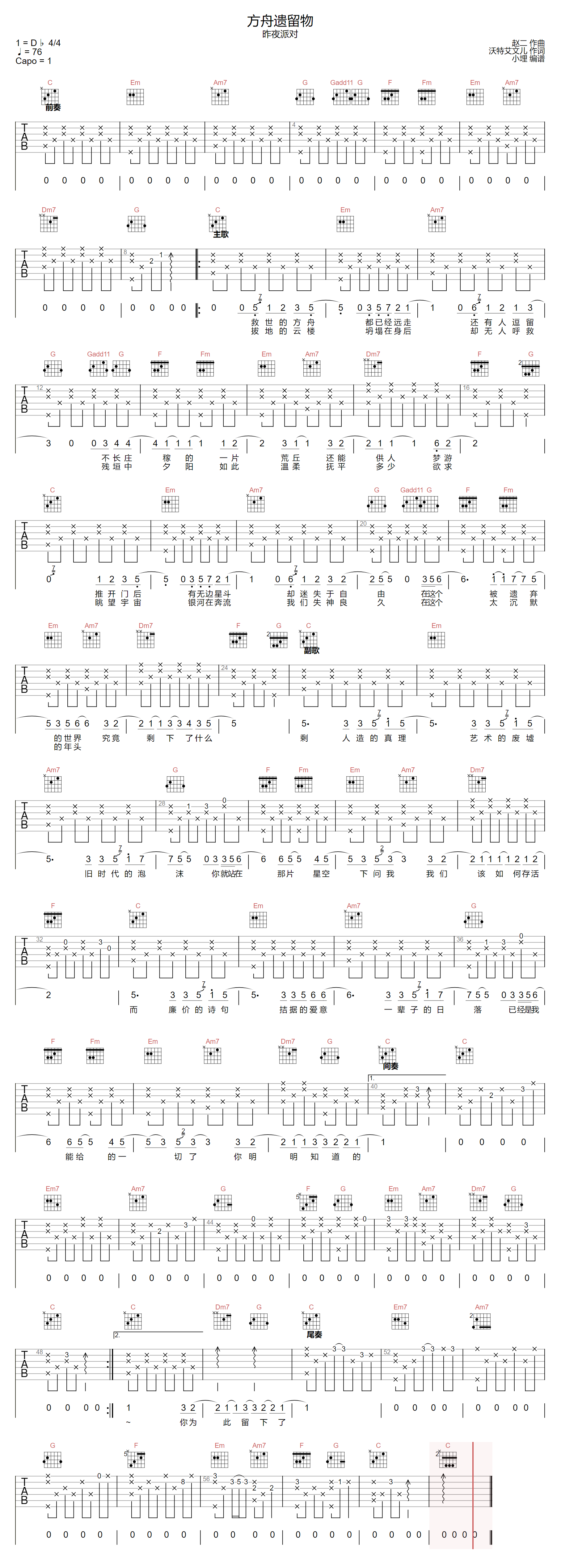 昨夜派对《方舟遗留物》吉他谱_C调指法弹唱谱-图1