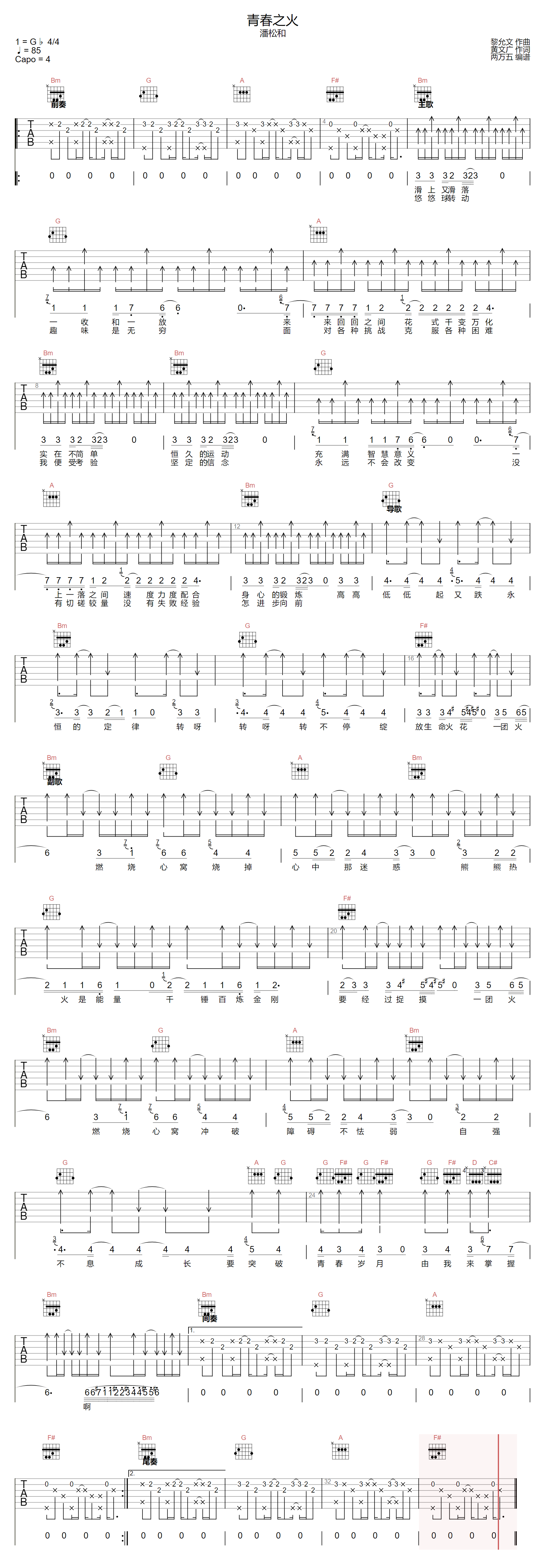 潘松和《青春之火》吉他谱_D调指法原版弹唱谱-图1