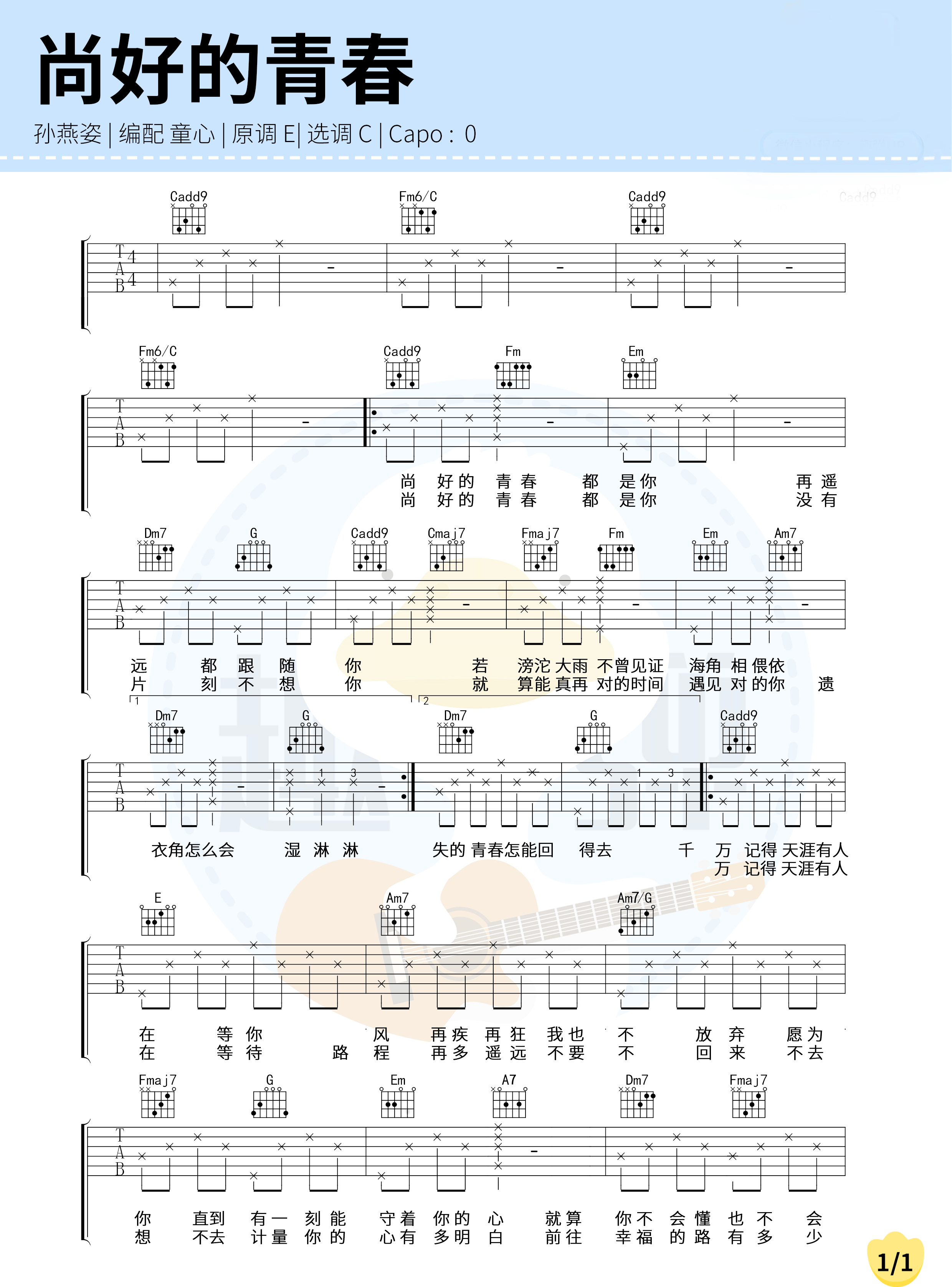 孙燕姿《尚好的青春》吉他谱_C调简单版吉他谱_吉他弹唱教学-图1