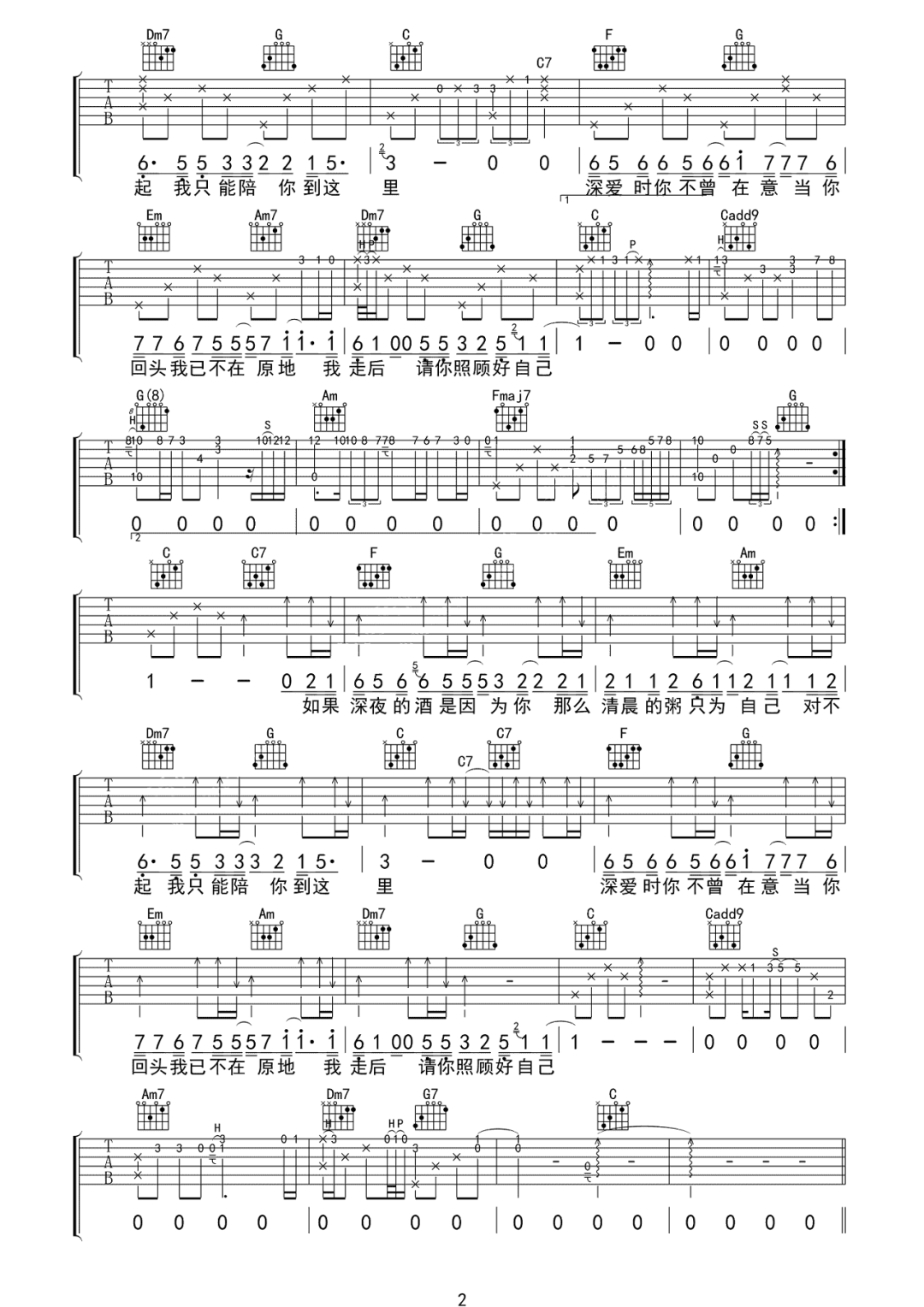 忱忱老板《不待》吉他谱_C调原版弹唱谱-图2