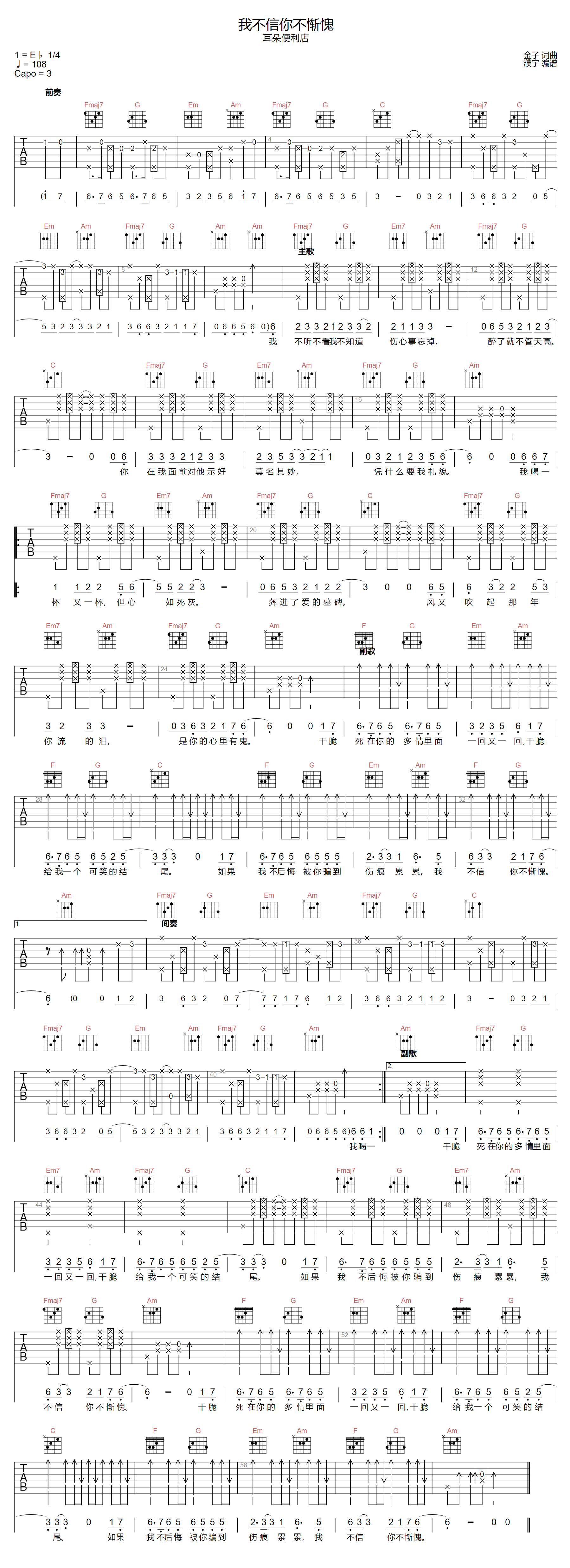 耳朵便利店《我不信你不惭愧》吉他谱_C调拍弦版-图1