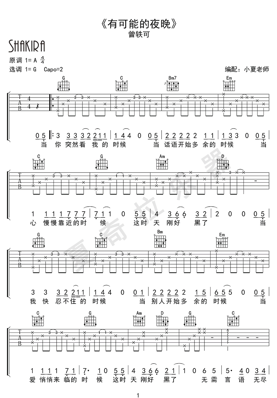 曾轶可《有可能的夜晚》吉他谱_G调指法简单版-图1