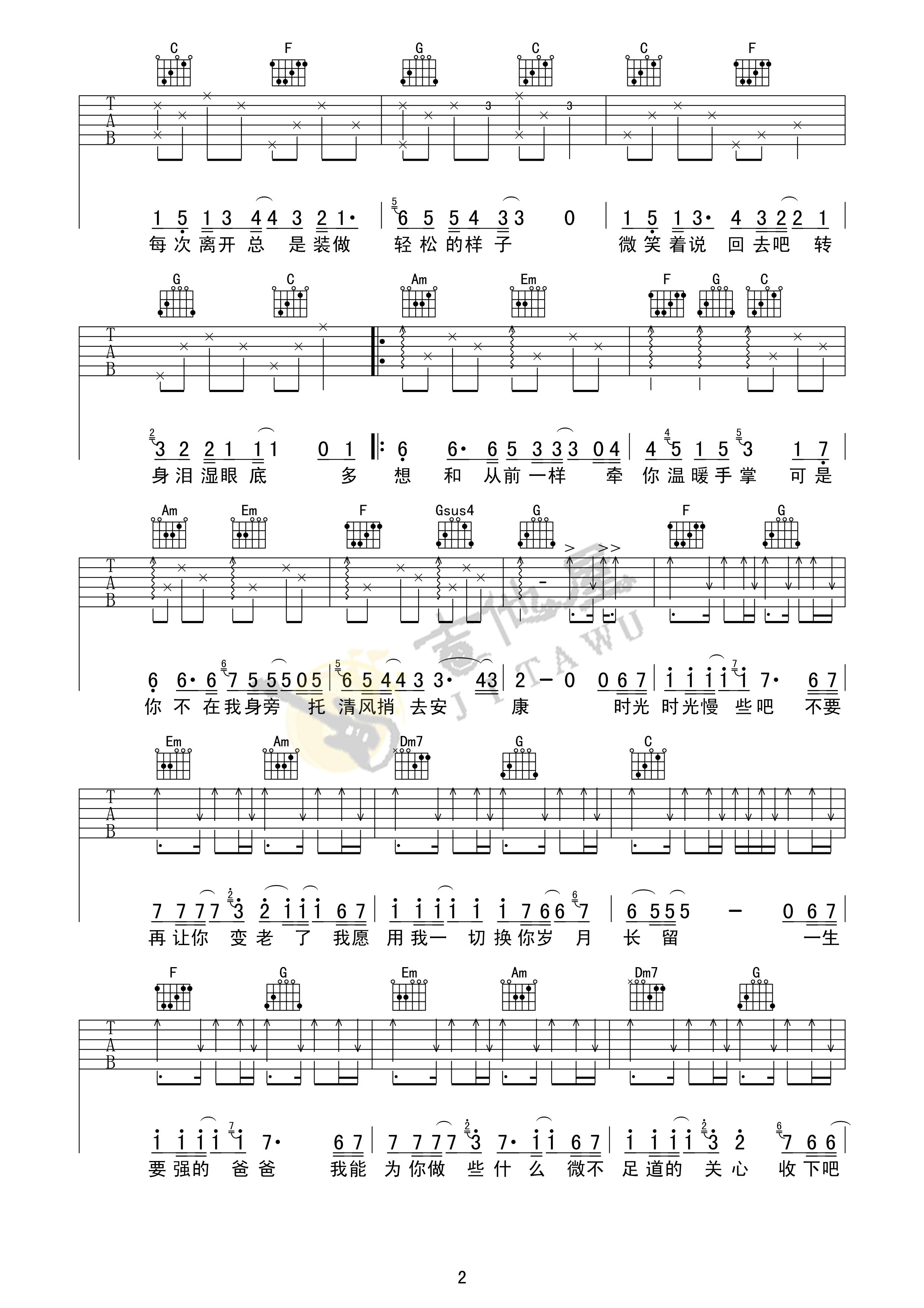 筷子兄弟《父亲》吉他谱_C调指法原版弹唱谱-图2