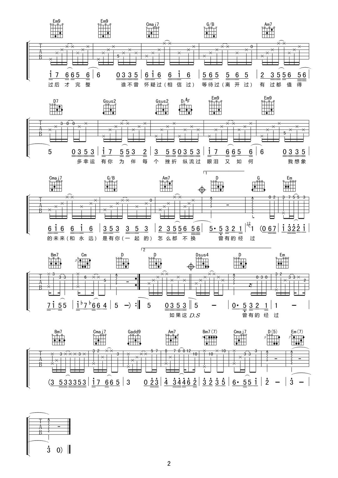 陈楚生/何洁《经过》吉他谱_G调指法原版弹唱谱-图2