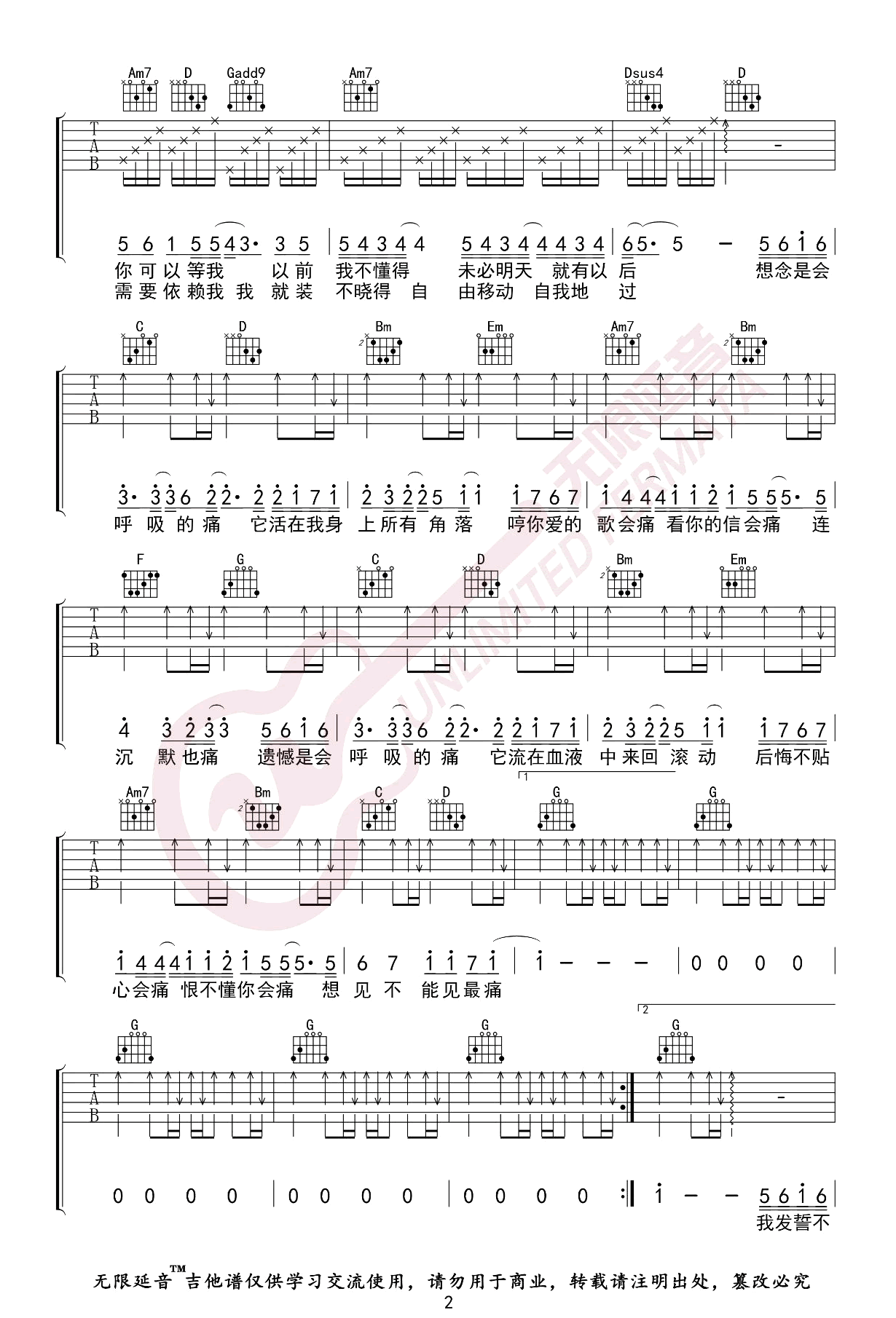 梁静茹《会呼吸的痛》吉他谱_G调指法原版弹唱谱-图2
