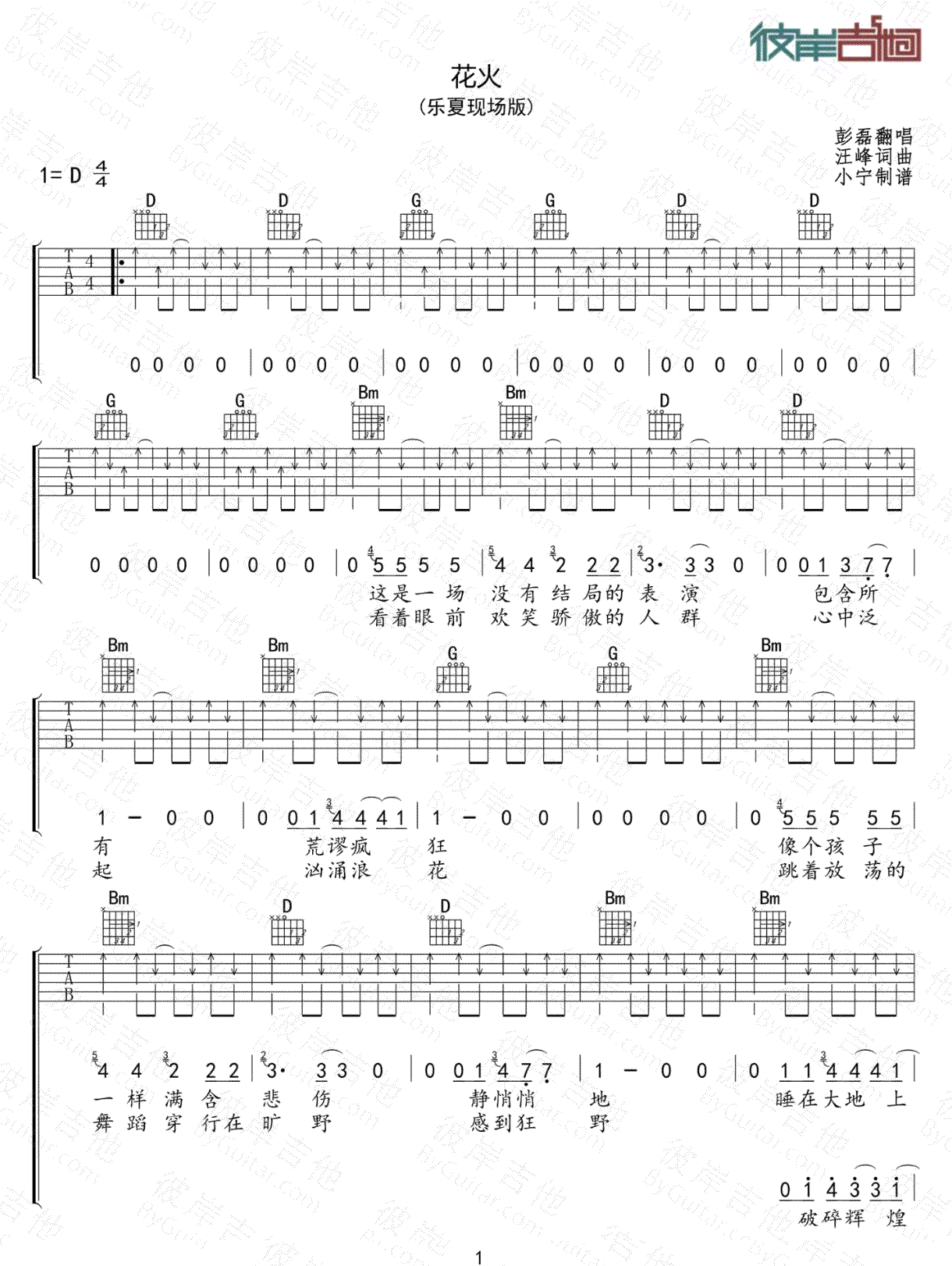 新裤子乐队《花火》吉他谱_D调指法原版弹唱谱-图1