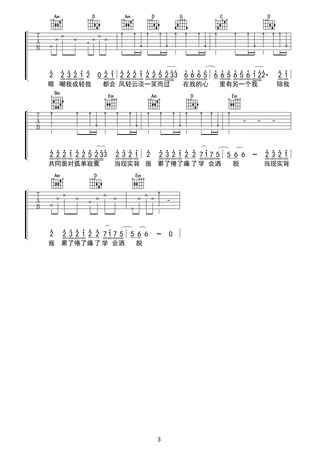 张茜《用力活着》吉他谱_G调原版弹唱谱-图3