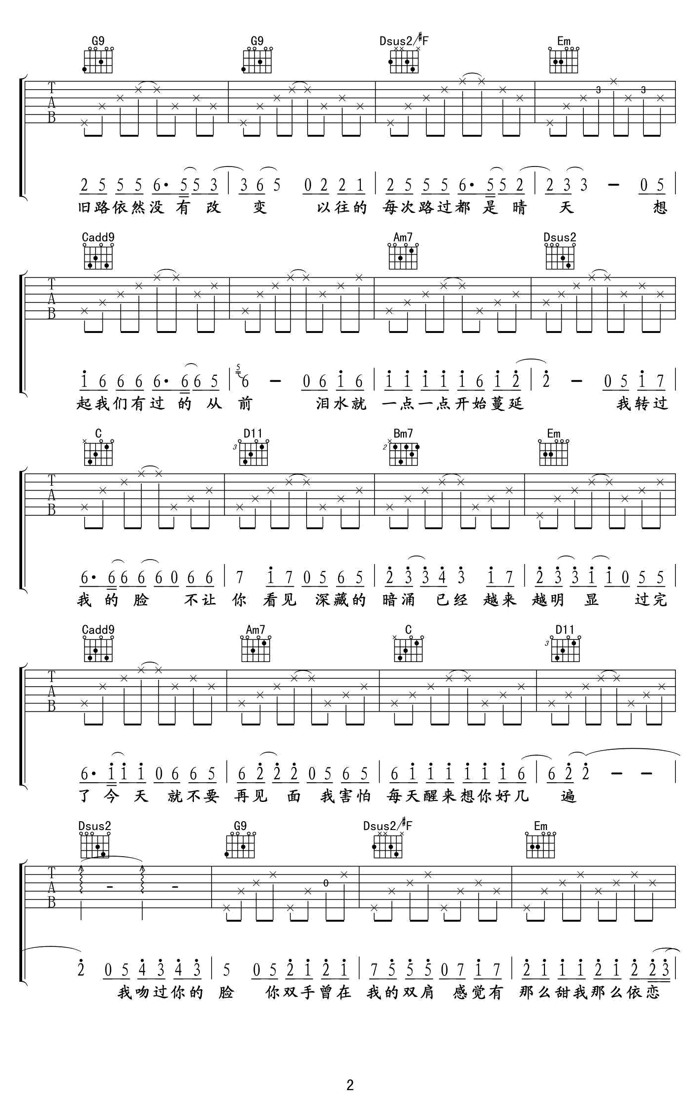 张敬轩《断点》吉他谱_G调指法原版弹唱谱-图2