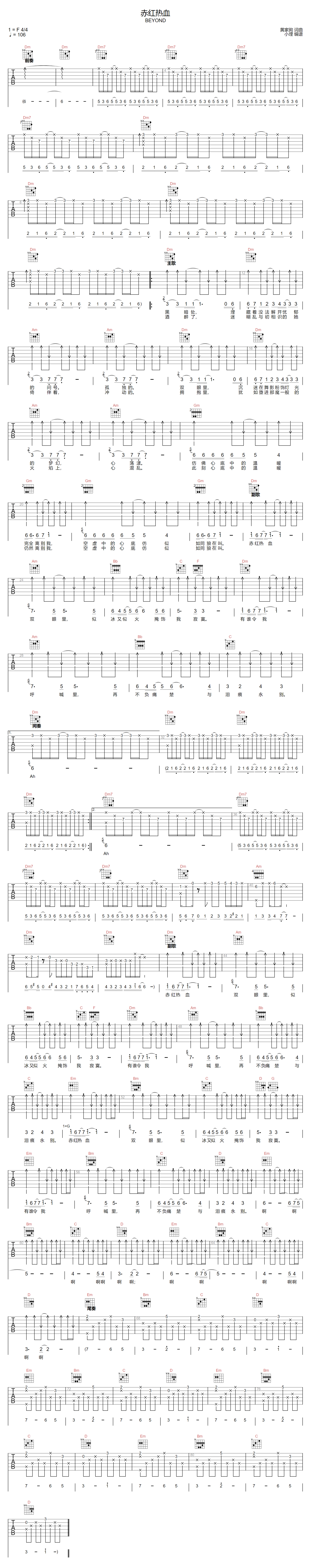 Beyond《赤红热血》吉他谱_F调指法原版弹唱谱-图1