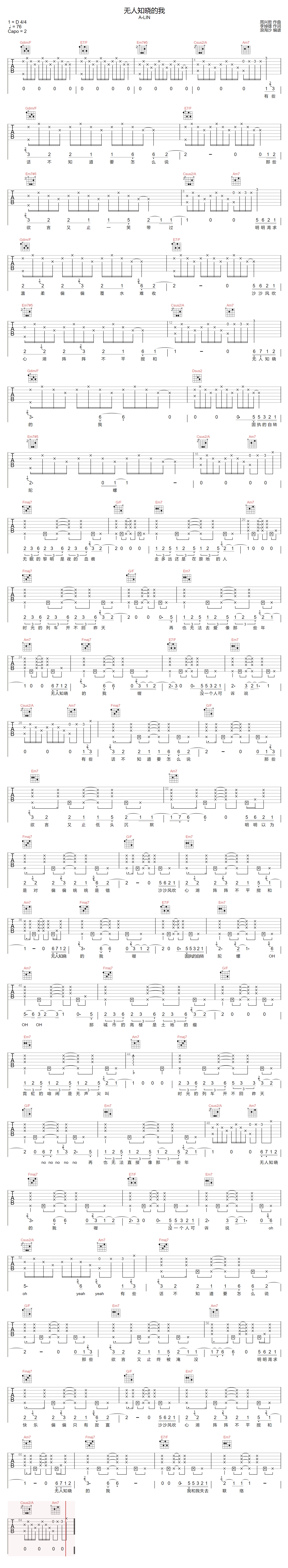 黄丽玲《无人知晓的我》吉他谱_C调原版弹唱谱-图1