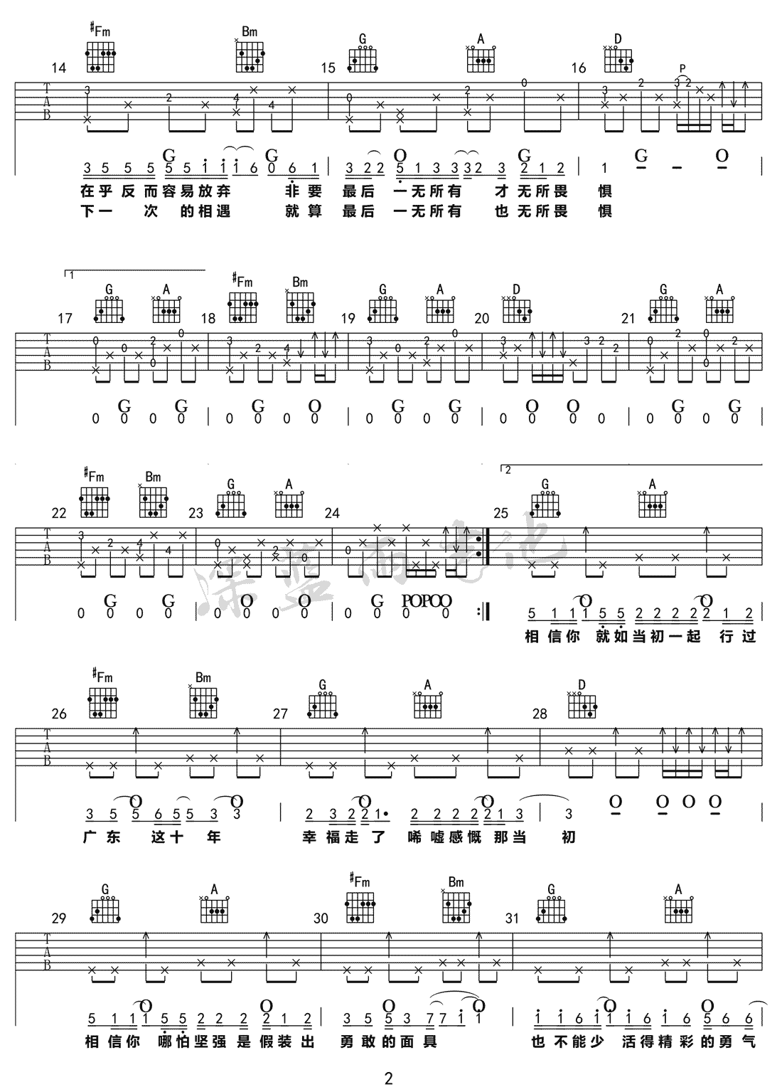 广东雨神《广东爱情故事》吉他谱_D调原版弹唱谱-图2