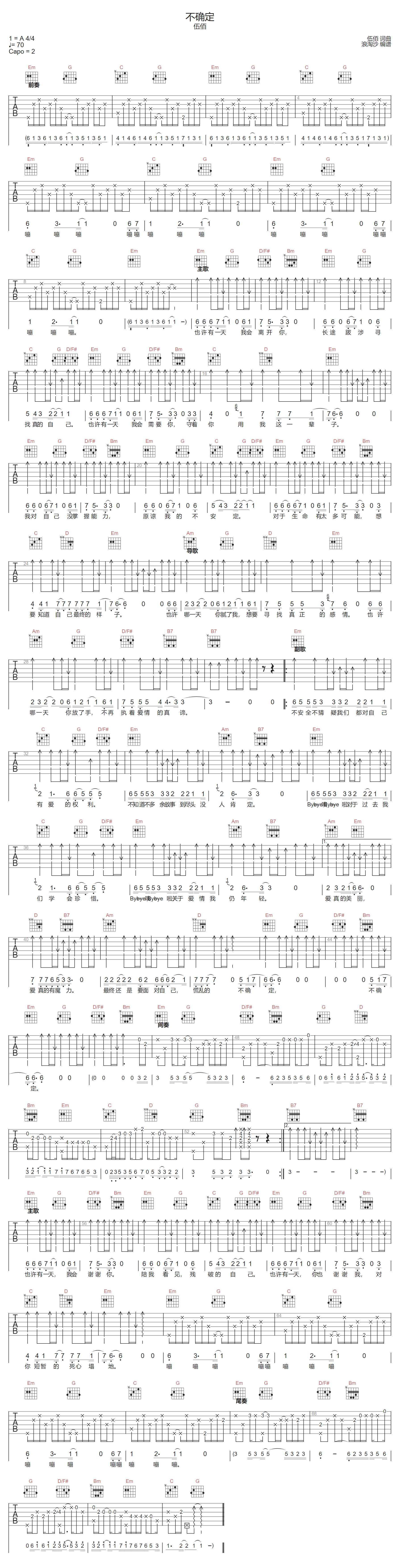 伍佰《不确定》吉他谱_G调指法原版弹唱谱-图1