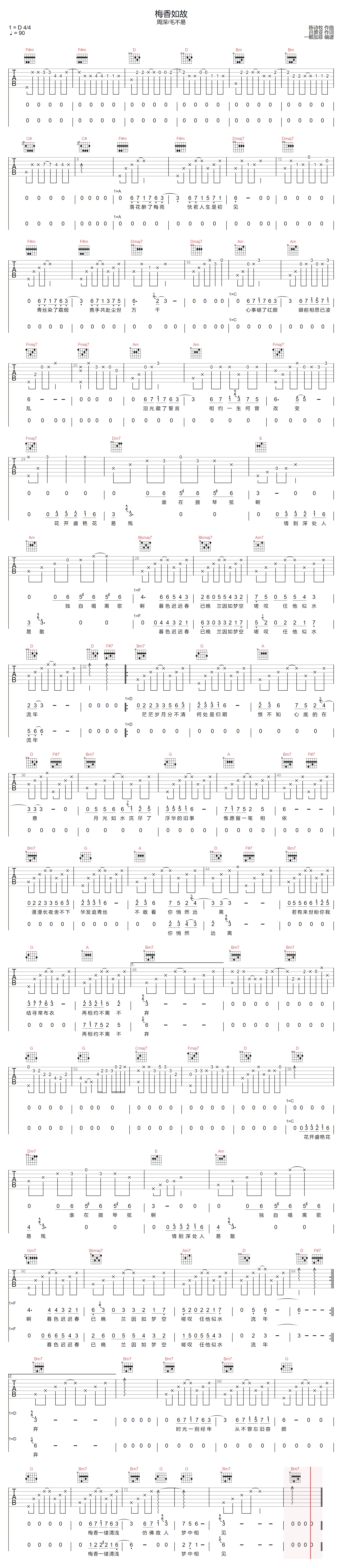 周深/毛不易《梅香如故》吉他谱_D调原版弹唱谱-图1
