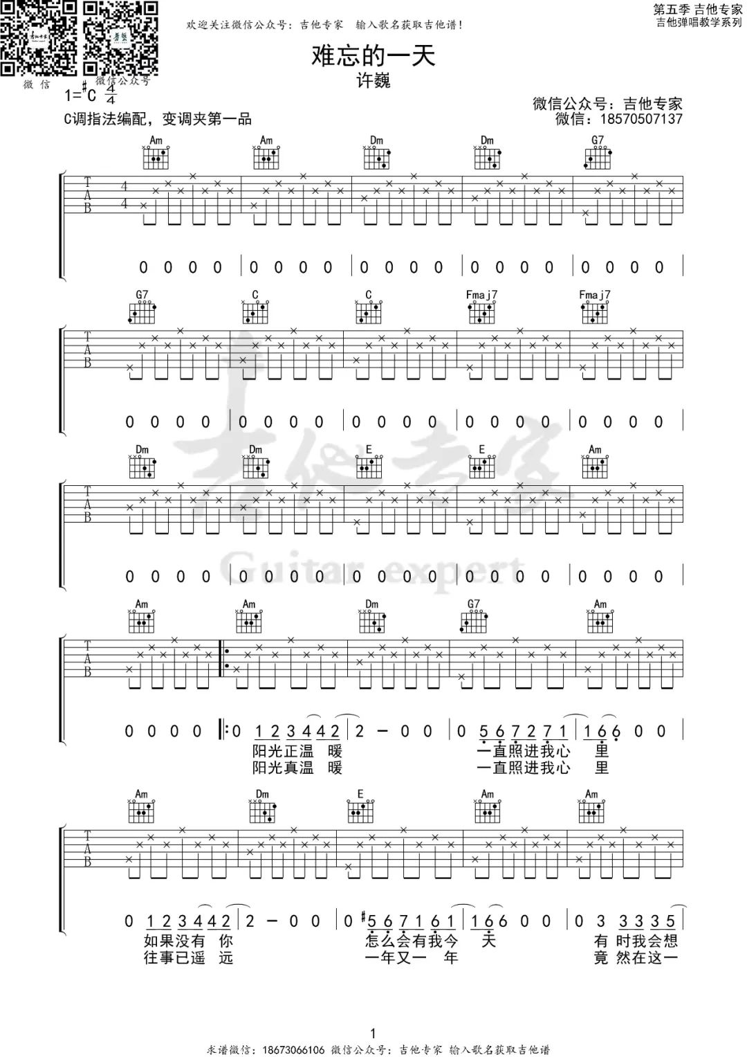 许巍《难忘的一天》吉他谱_C调指法弹唱谱-图1